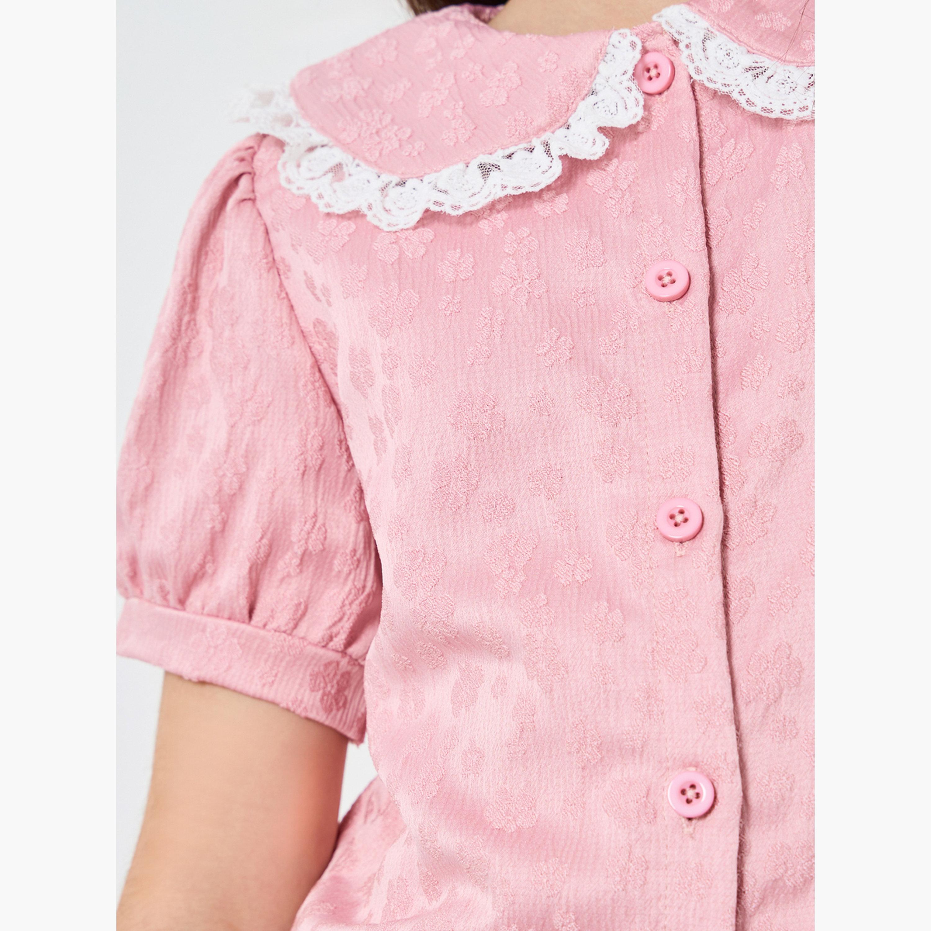 Styli Girls Light Pink Jaquard Top with Lace Collar-girls-clothing-blousesandshirts-image-4