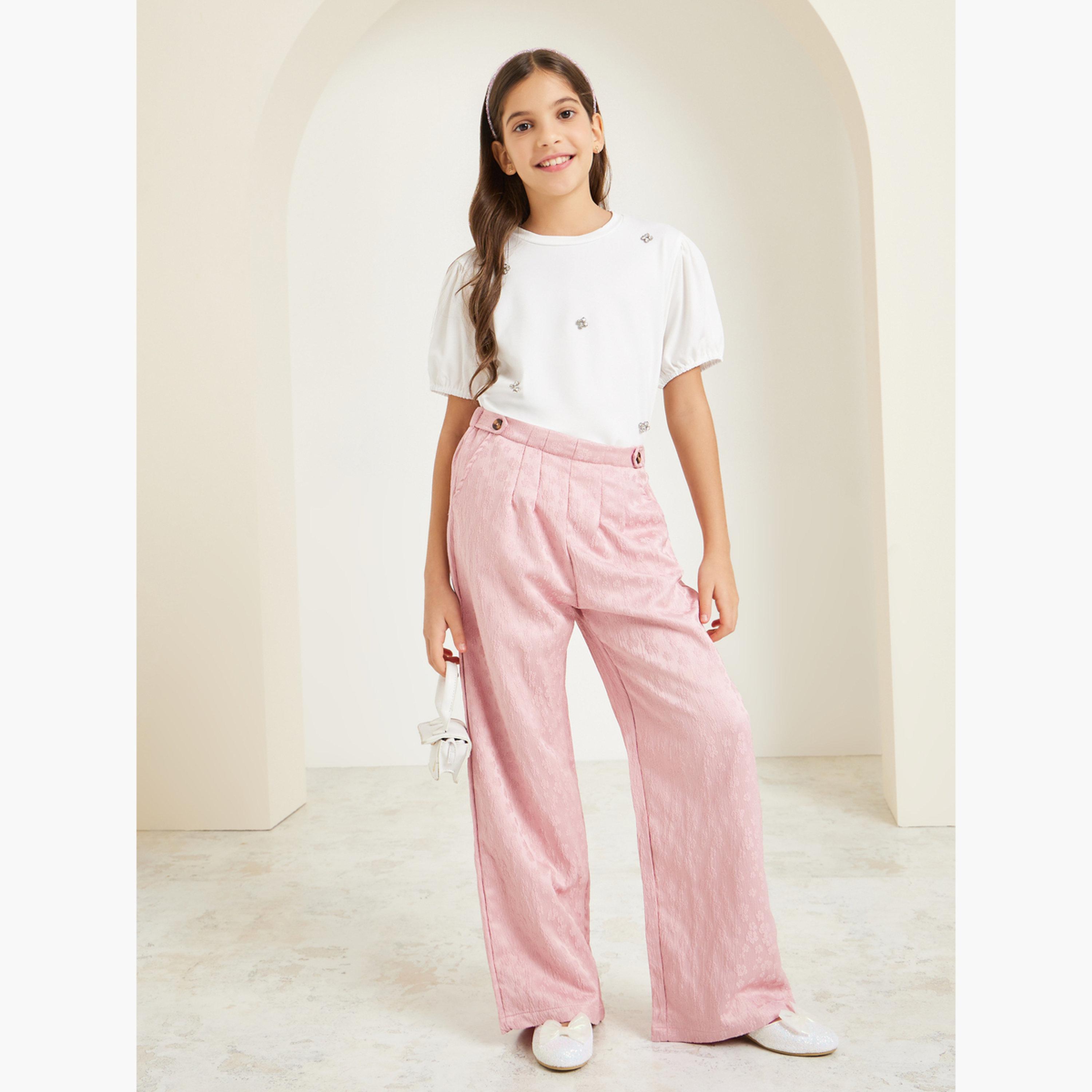 بنطال بأرجل واسعة وتفاصيل جاكار-girls-clothing-bottoms-trousers-image-2