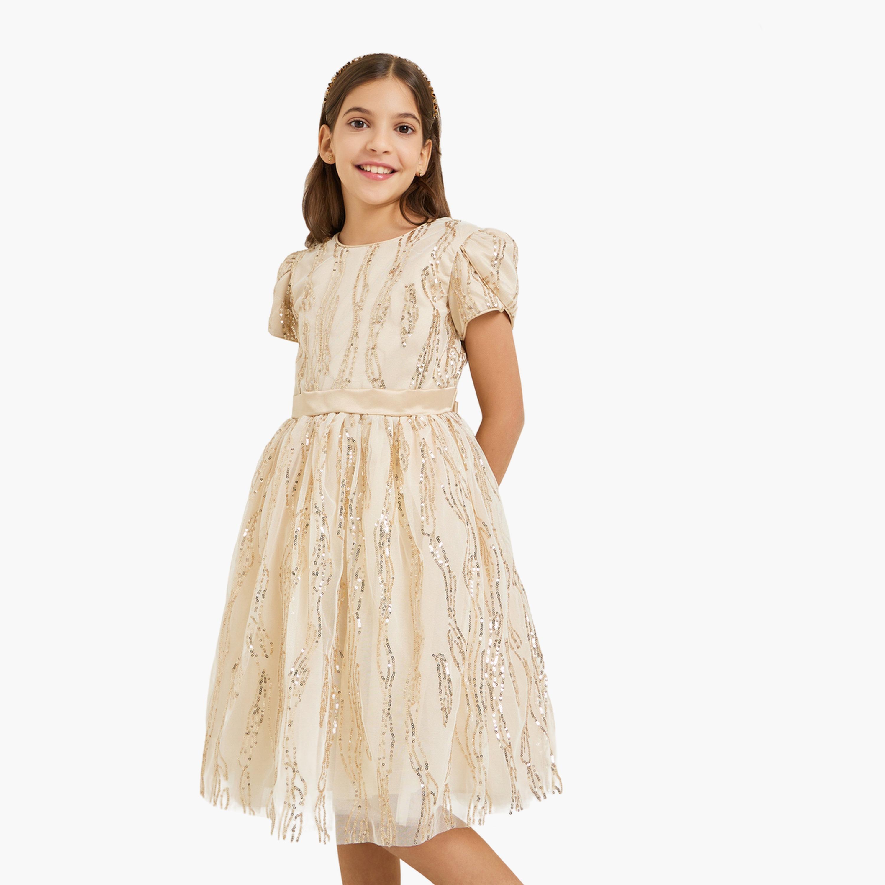فستان بالترتر بأكمام قصيرة وحزام-girls-clothing-dressesandjumpsuits-image-1