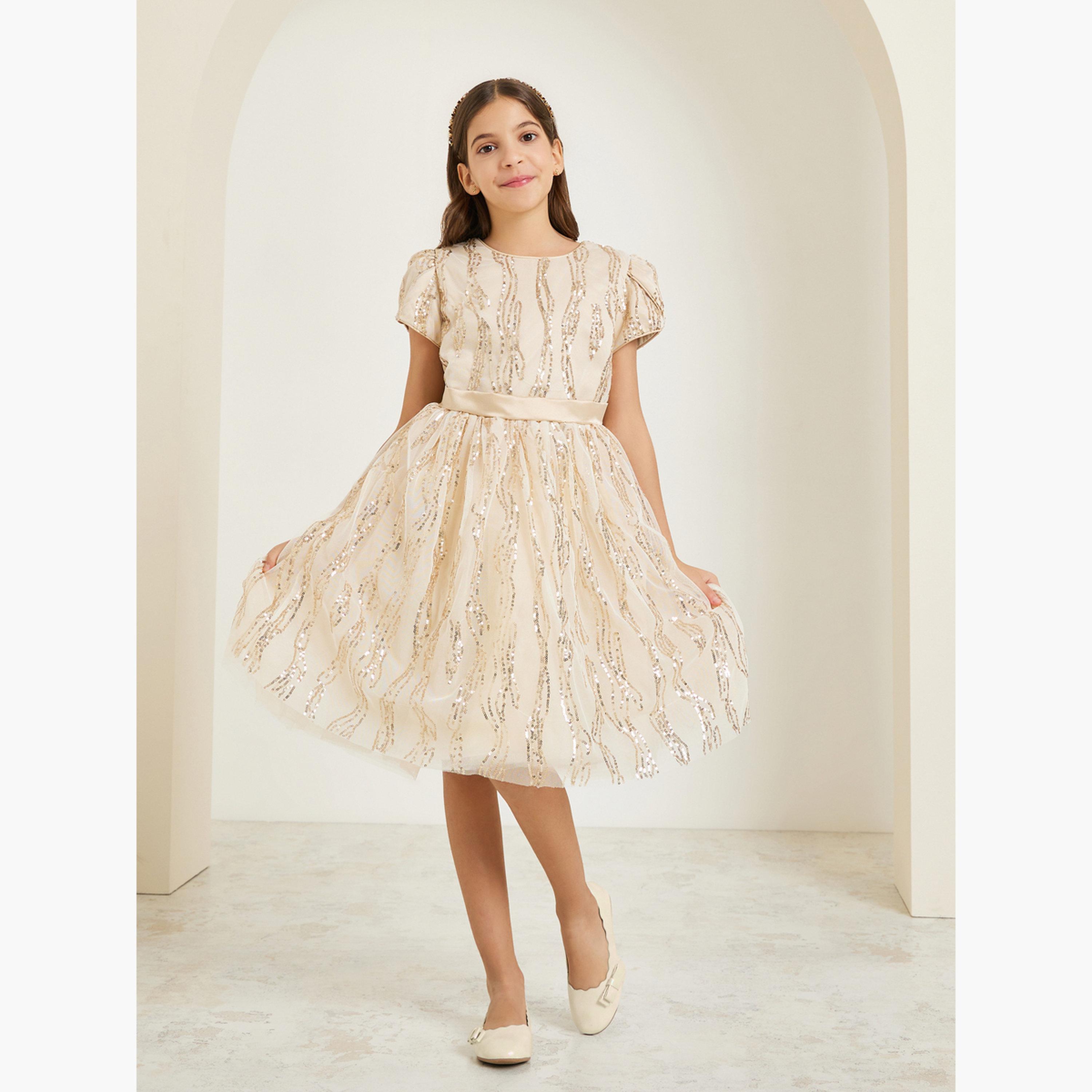 فستان بالترتر بأكمام قصيرة وحزام-girls-clothing-dressesandjumpsuits-image-2