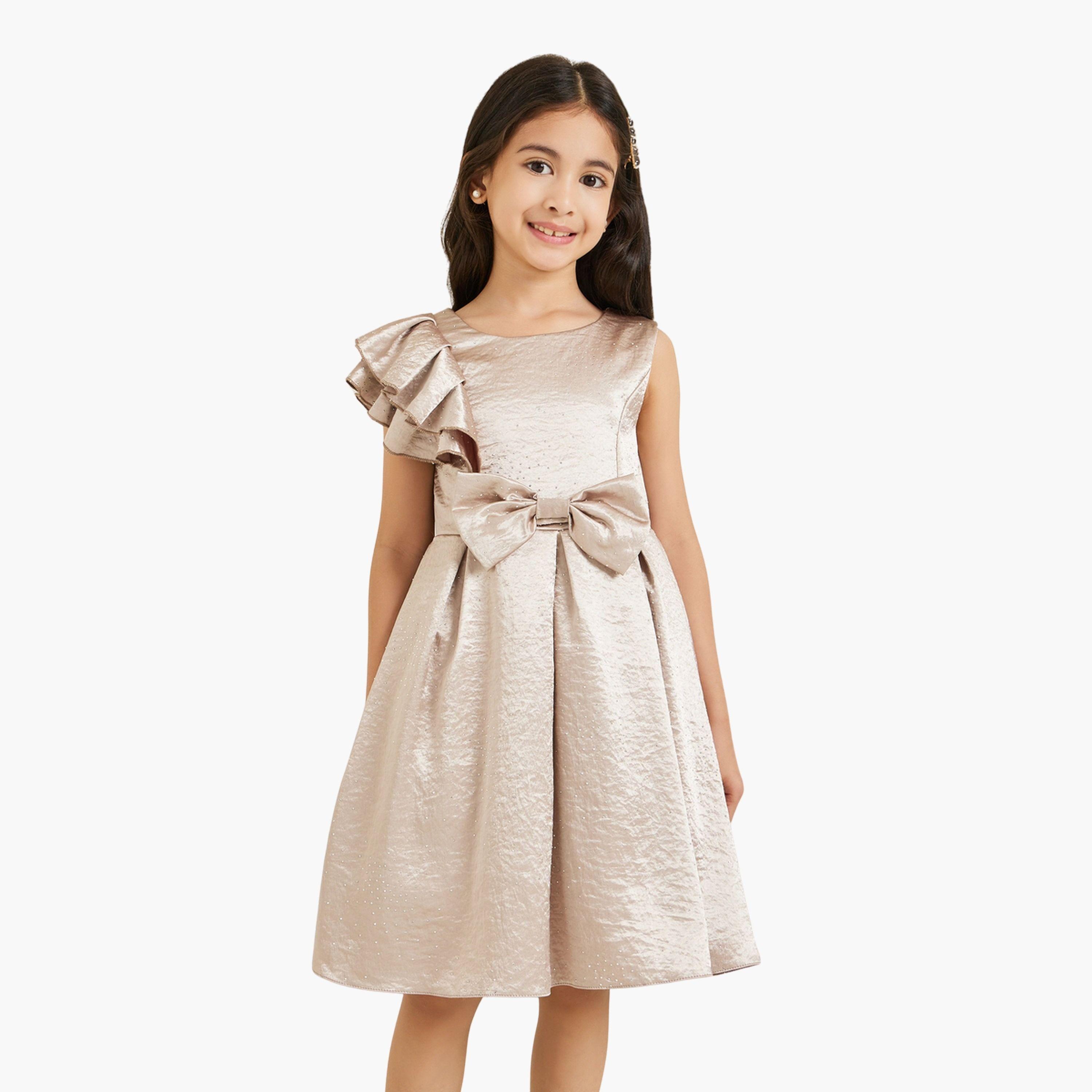 فستان بلا أكمام بطيات وتفاصيل فيونكة-girls-clothing-dressesandjumpsuits-image-1