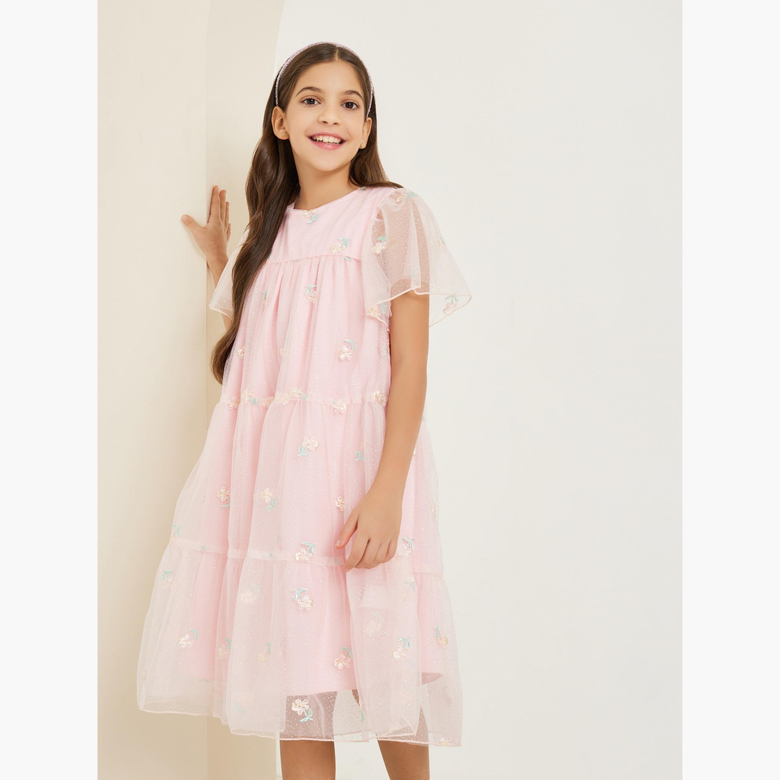 Styli Girls Pink Embroidered Mesh Tiered Midi Dress-girls-clothing-dressesandjumpsuits-image-1
