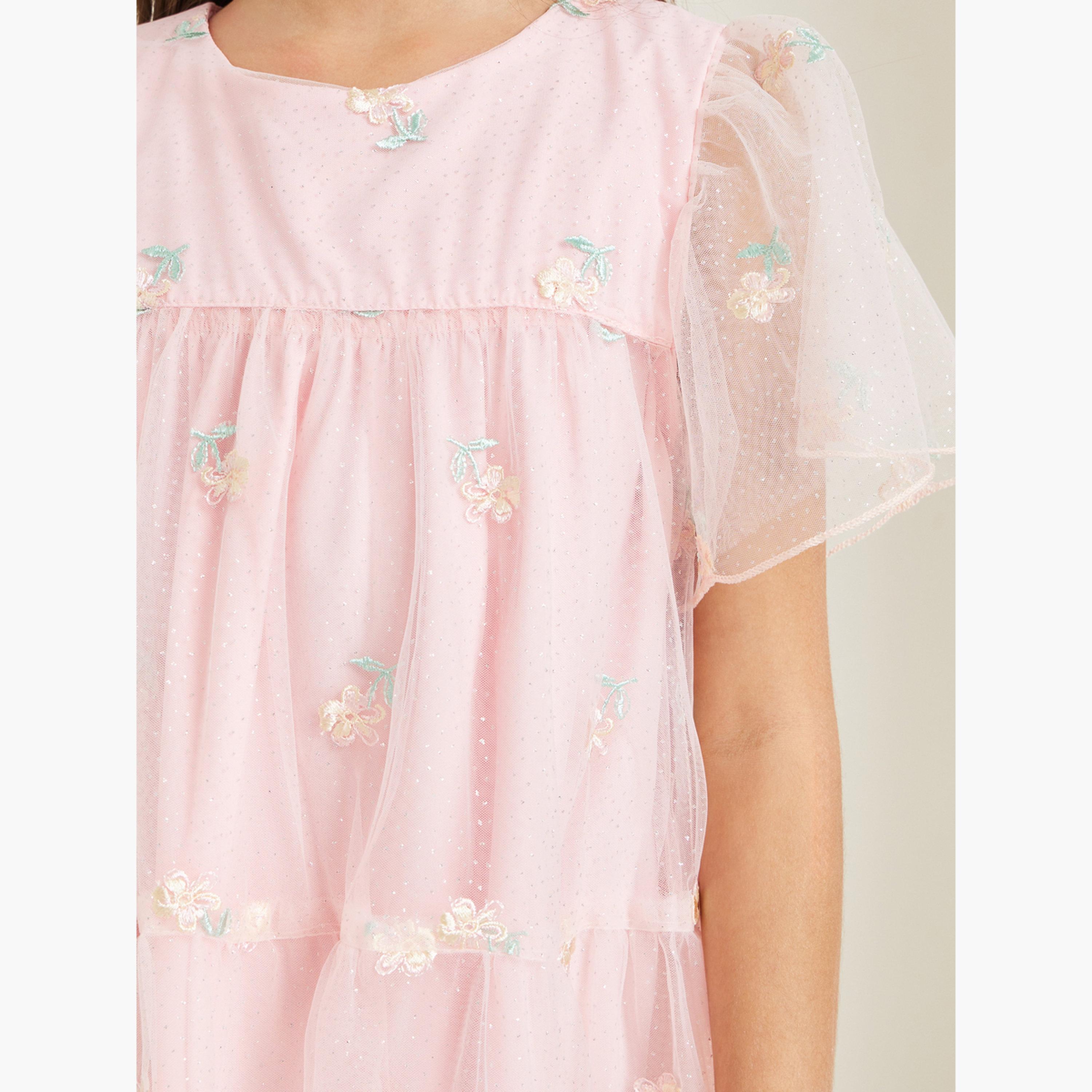 Styli Girls Pink Embroidered Mesh Tiered Midi Dress-girls-clothing-dressesandjumpsuits-image-4