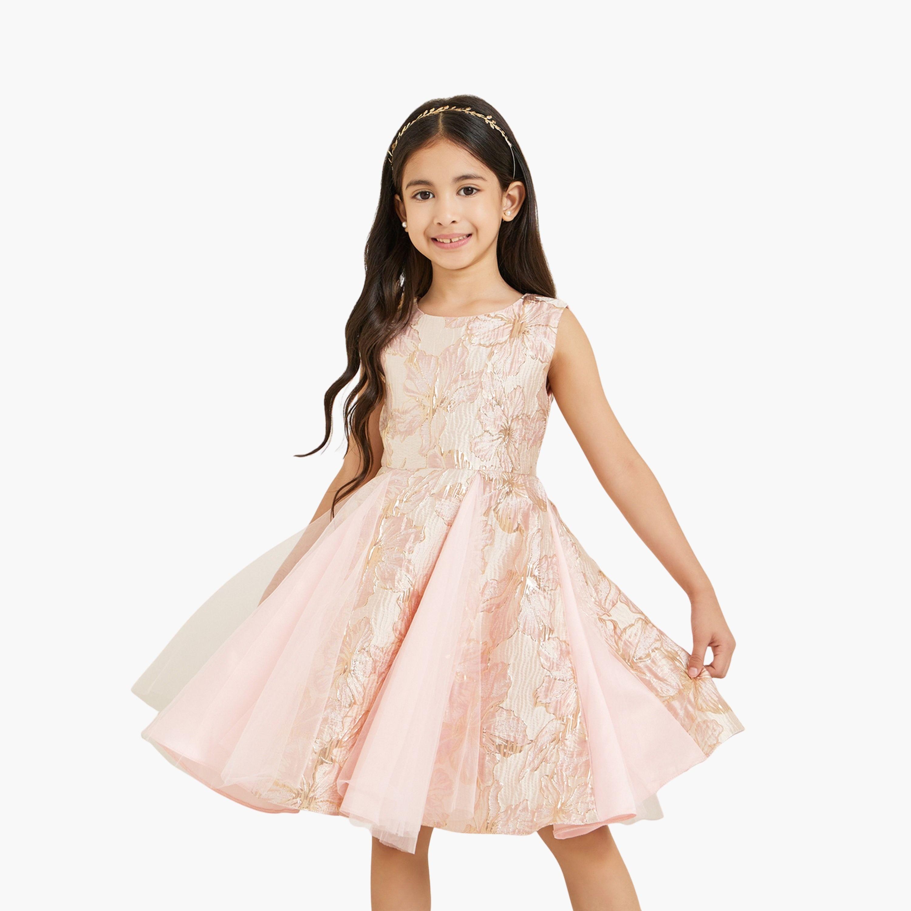 فستان جاكار بزهور بلا أكمام للبنات-girls-clothing-dressesandjumpsuits-image-1