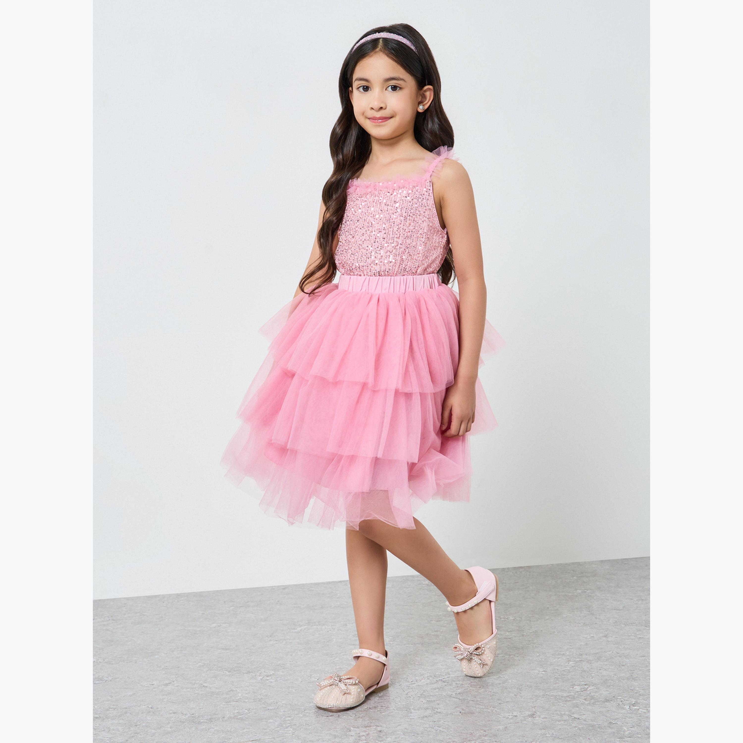 Styli Girls Pink Sequin Top and Tiered Tulle Skirt Set-girls-clothing-setsandcoords-image-1
