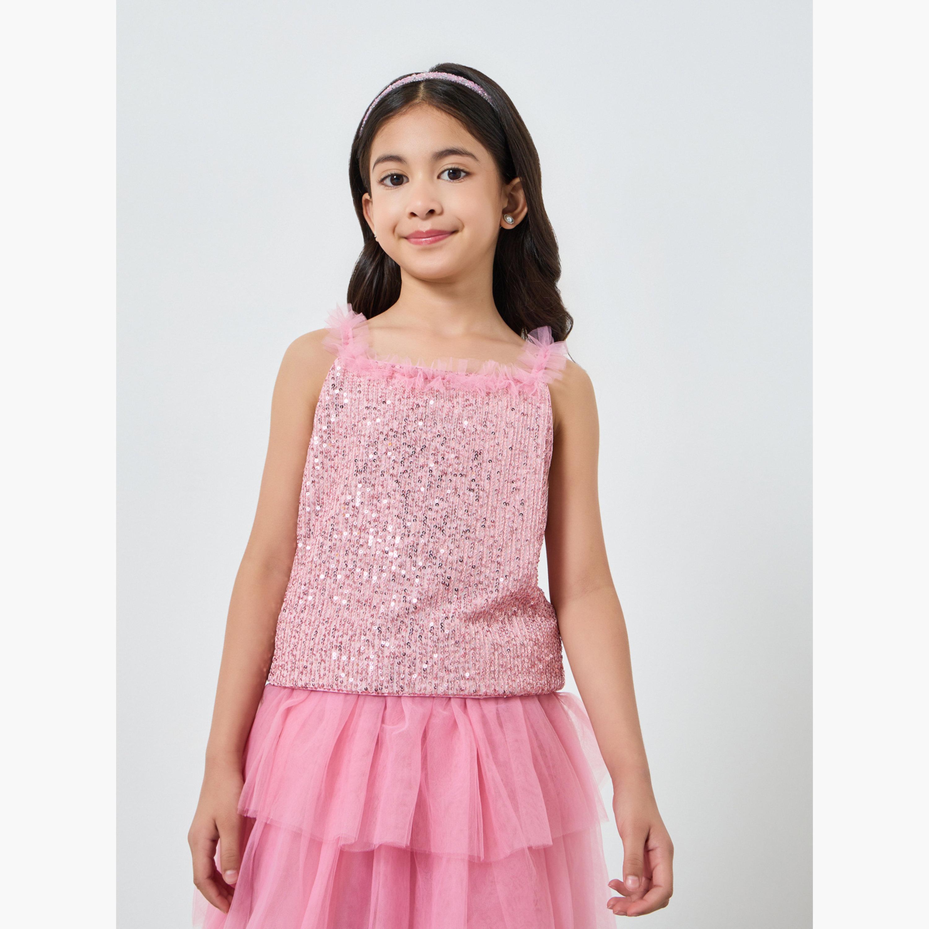 طقم من بلوزة ترتر وتنورة تول بطبقات للبنات-girls-clothing-setsandcoords-image-2