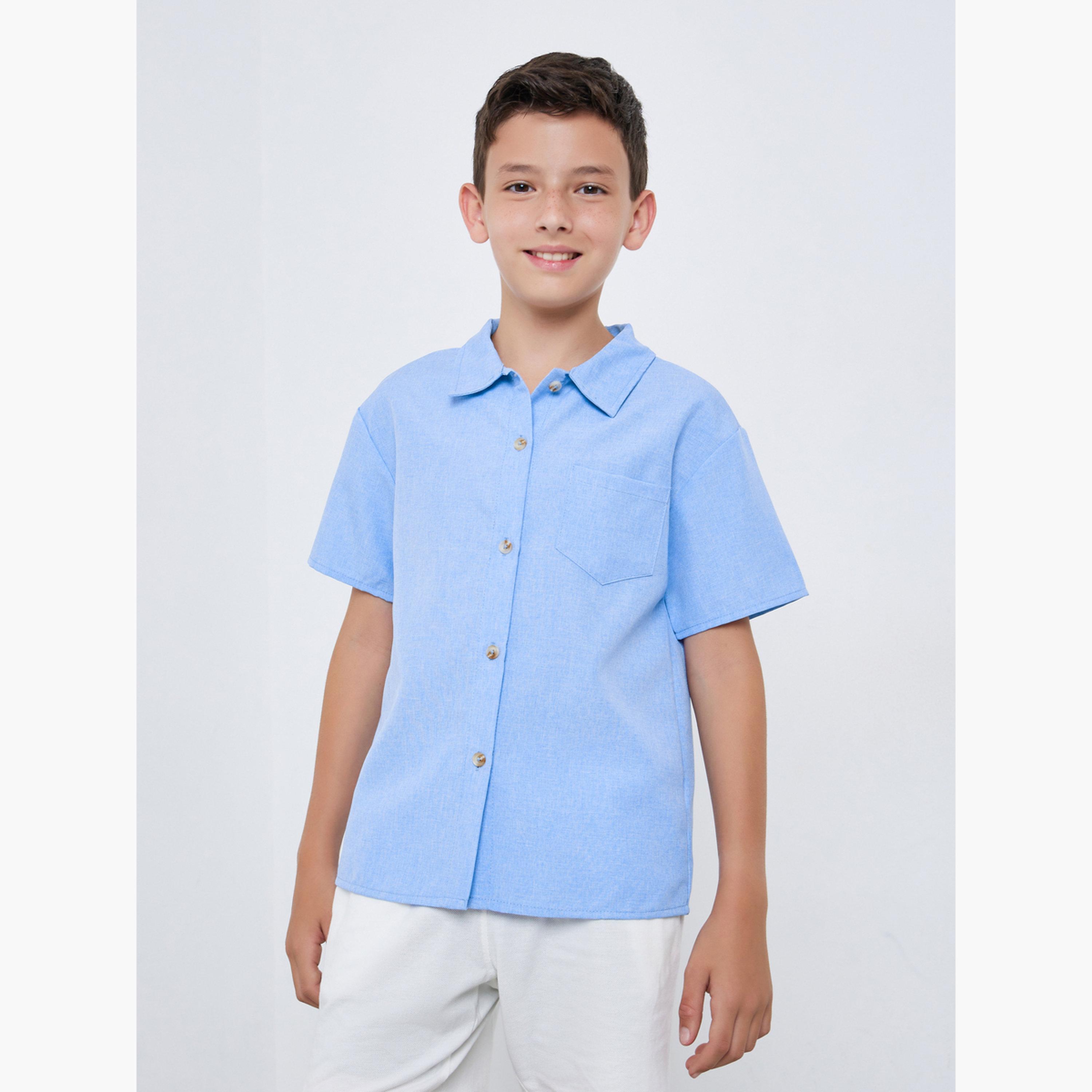 Styli Boys Blue Solid Short Sleeve Shirt-boys-clothing-shirts-image-1
