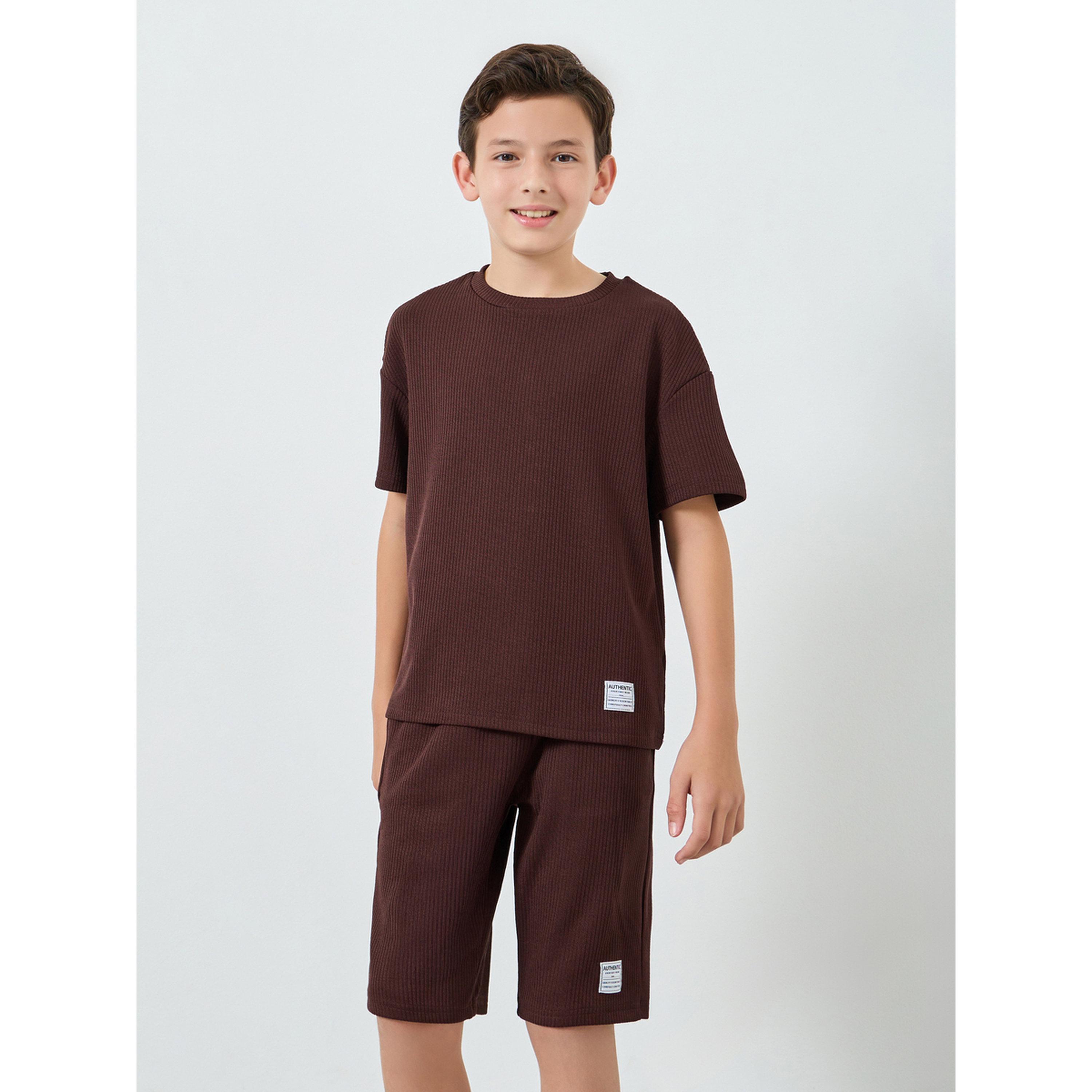 Styli Boys Brown Textured T-Shirt and Shorts Set-boys-clothing-setsandcoords-image-1