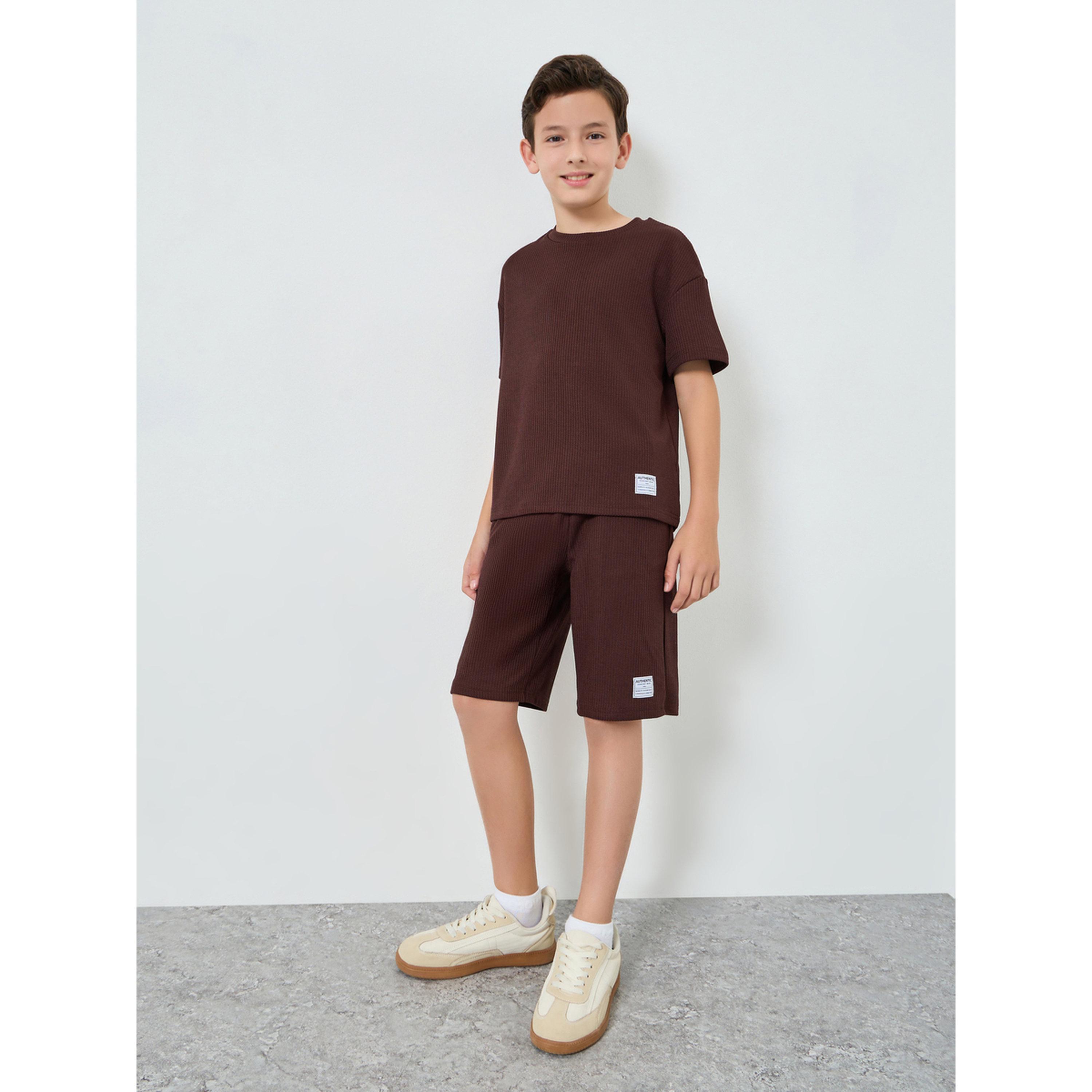Styli Boys Brown Textured T-Shirt and Shorts Set-boys-clothing-setsandcoords-image-2