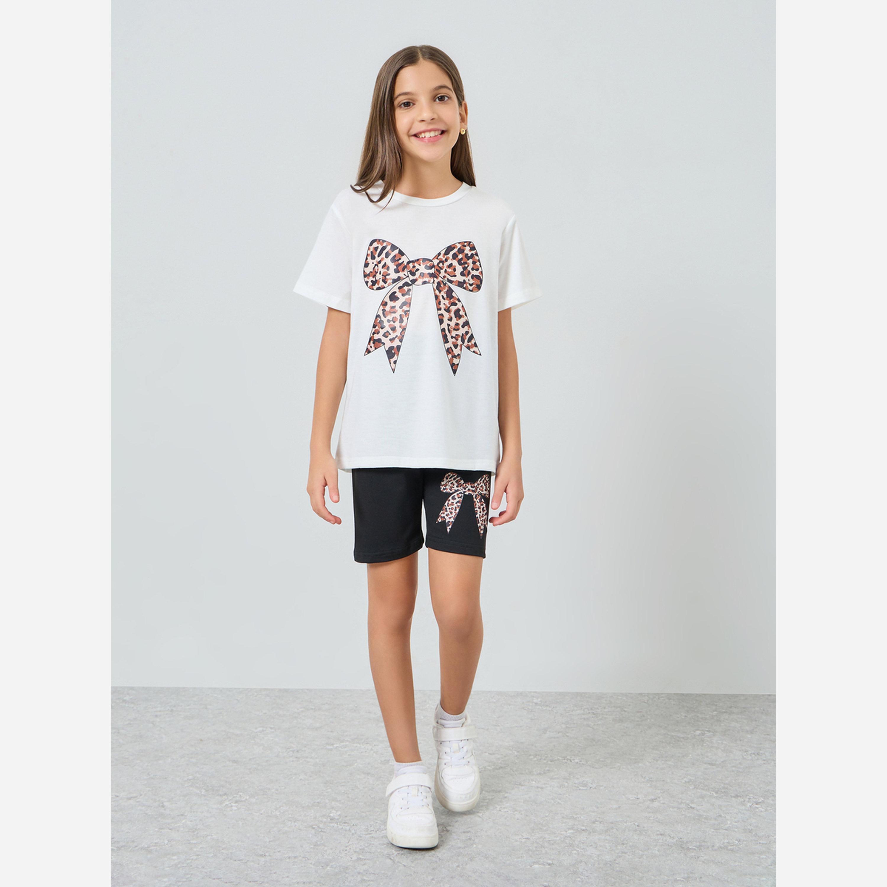 Styli Teens Leopard Bow T-Shirt and Shorts Set-girls-clothing-setsandcoords-image-1