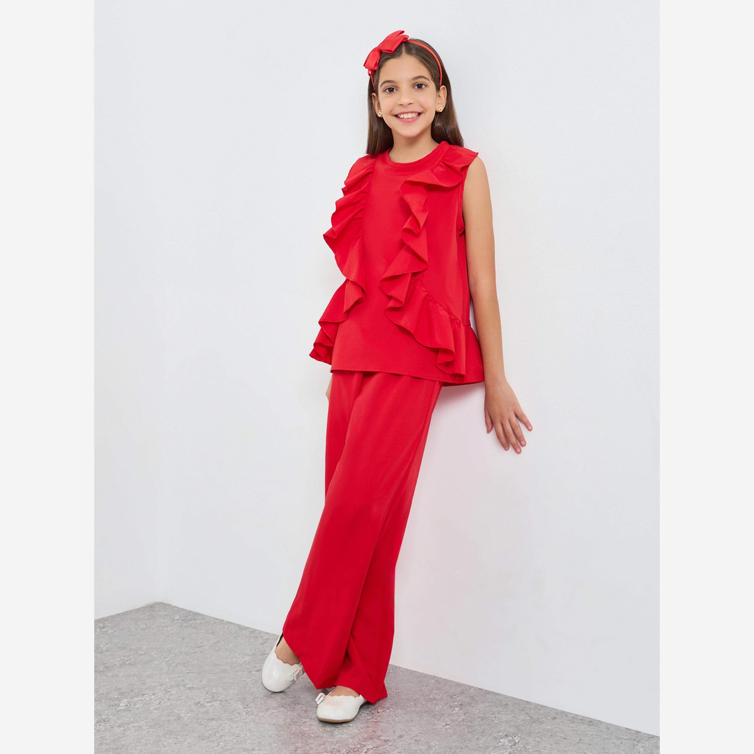 Styli Teens Red Ruffle Blouse and Pants Set-girls-clothing-setsandcoords-image-1