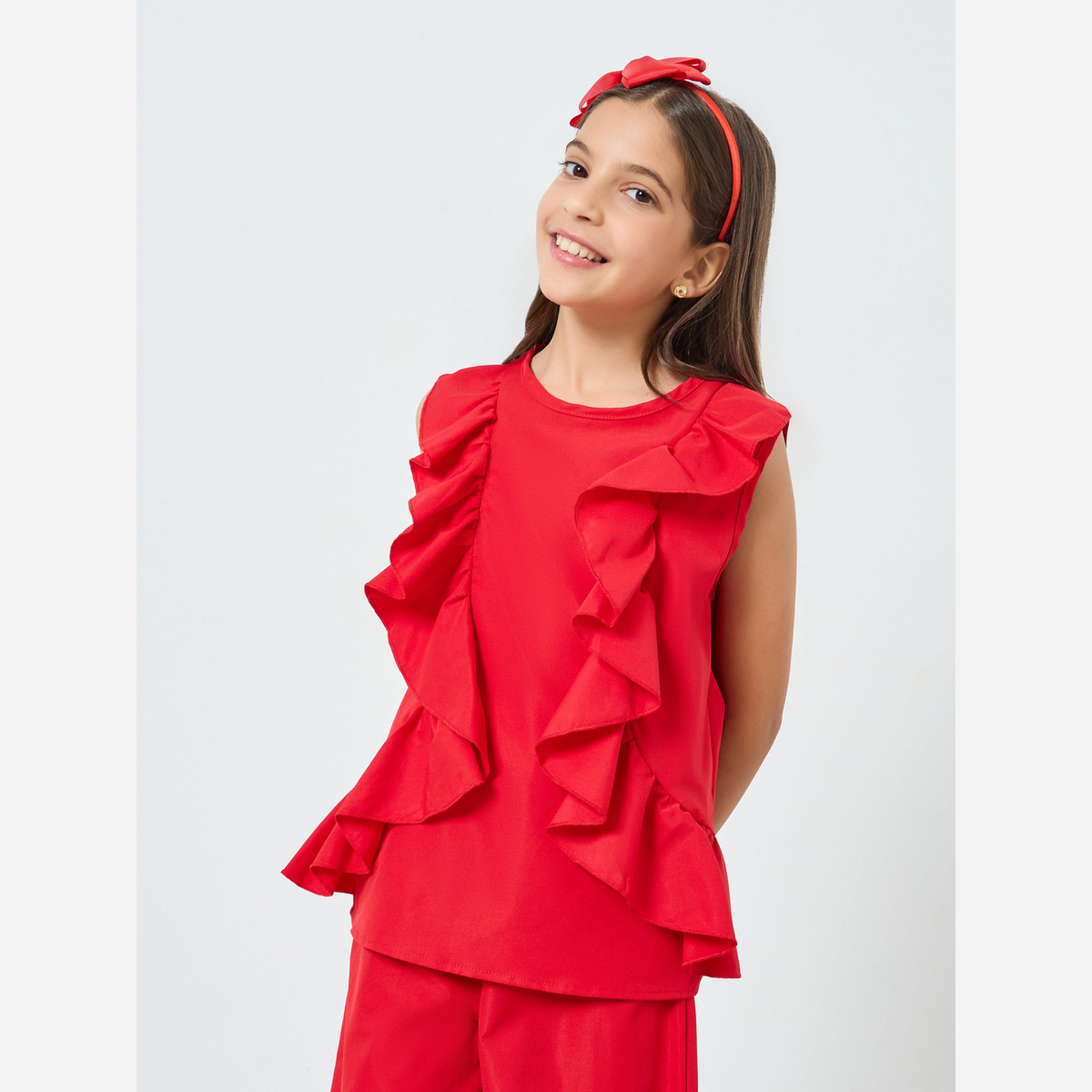 Styli Teens Red Ruffle Blouse and Pants Set-girls-clothing-setsandcoords-image-2