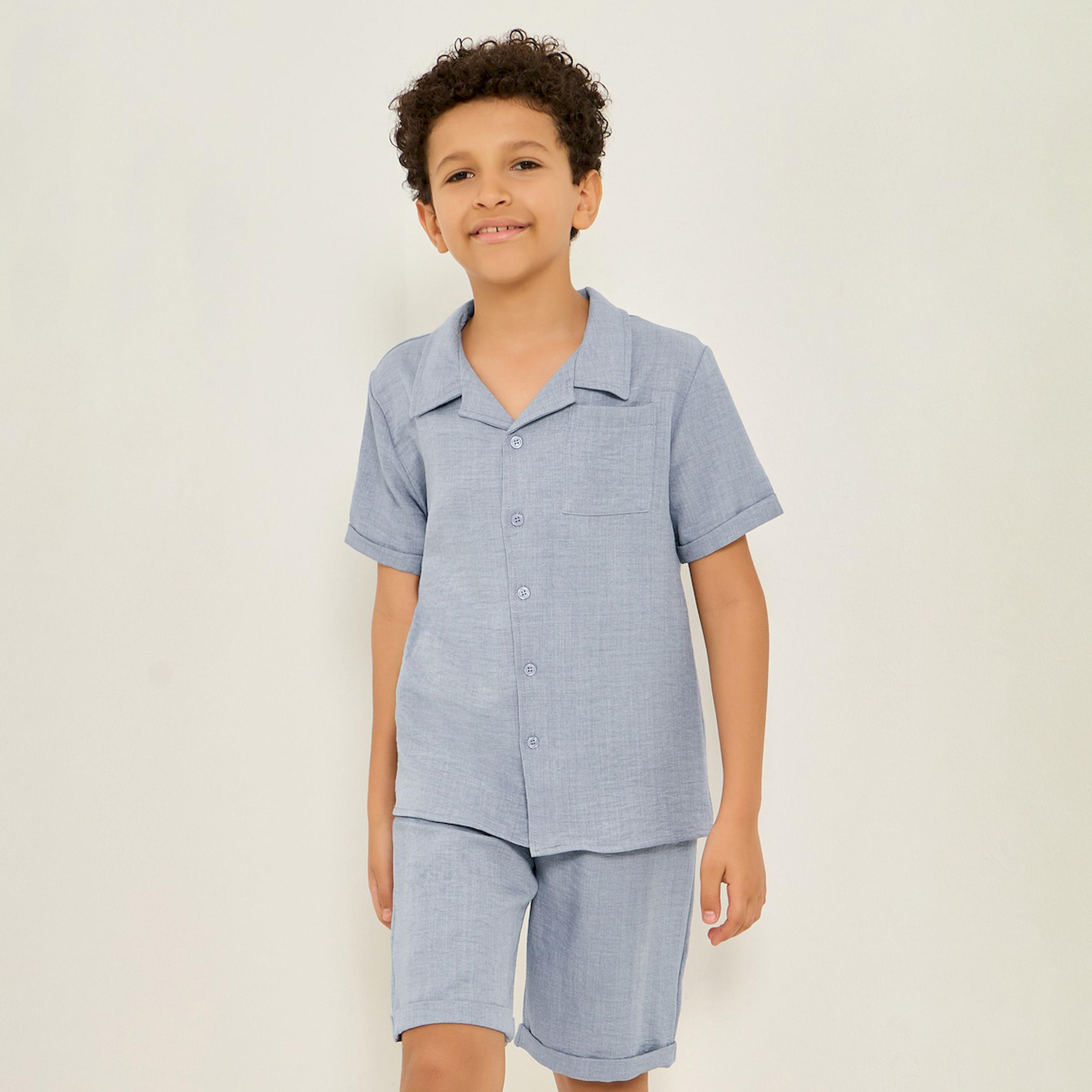 Styli Boys Blue Solid Shirt and Shorts Set-boys-clothing-setsandcoords-image-1