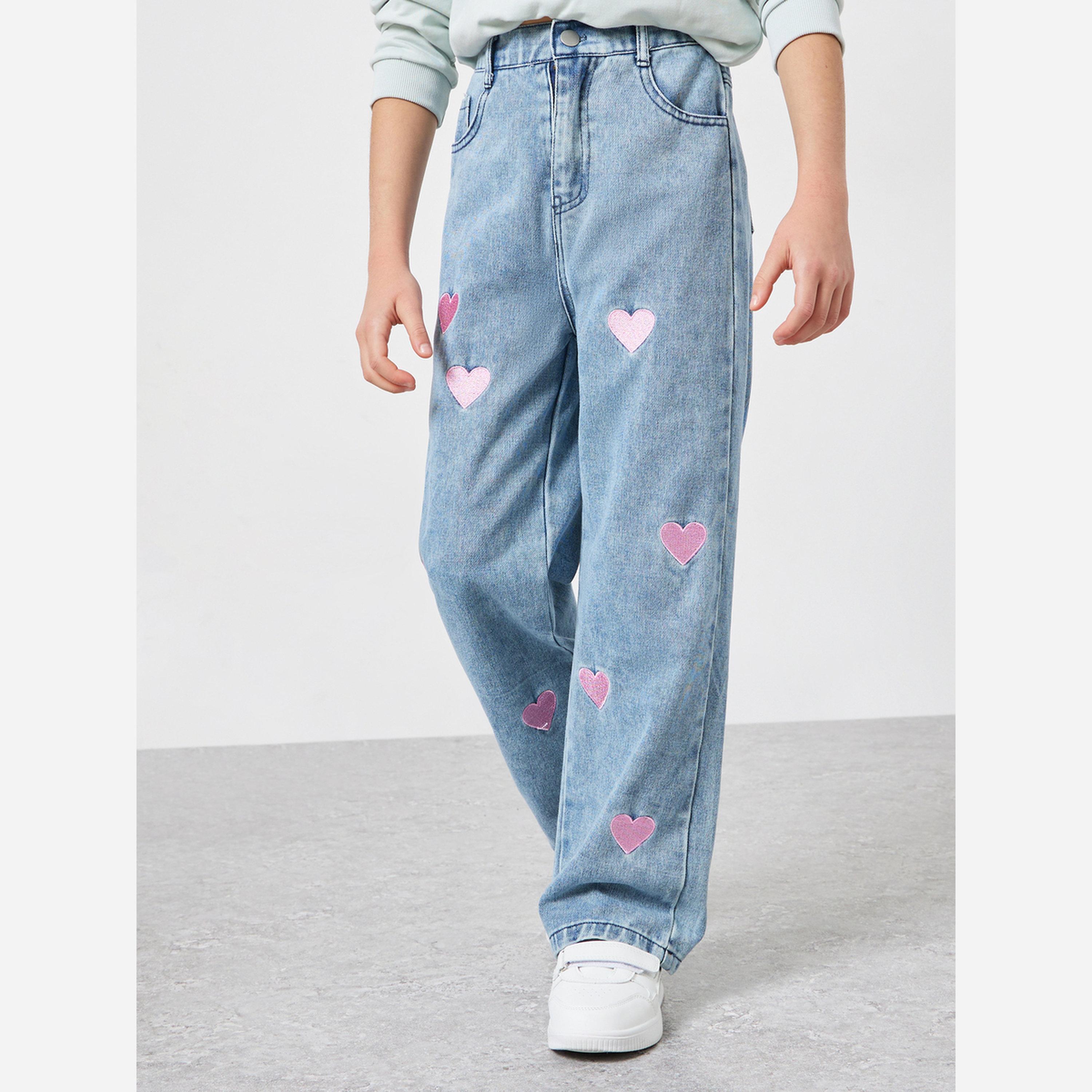 ستايلي - بنطال جينز واسع الساقين مطرز بقلب للبنات-girls-clothing-bottoms-jeansandjeggings-image-1
