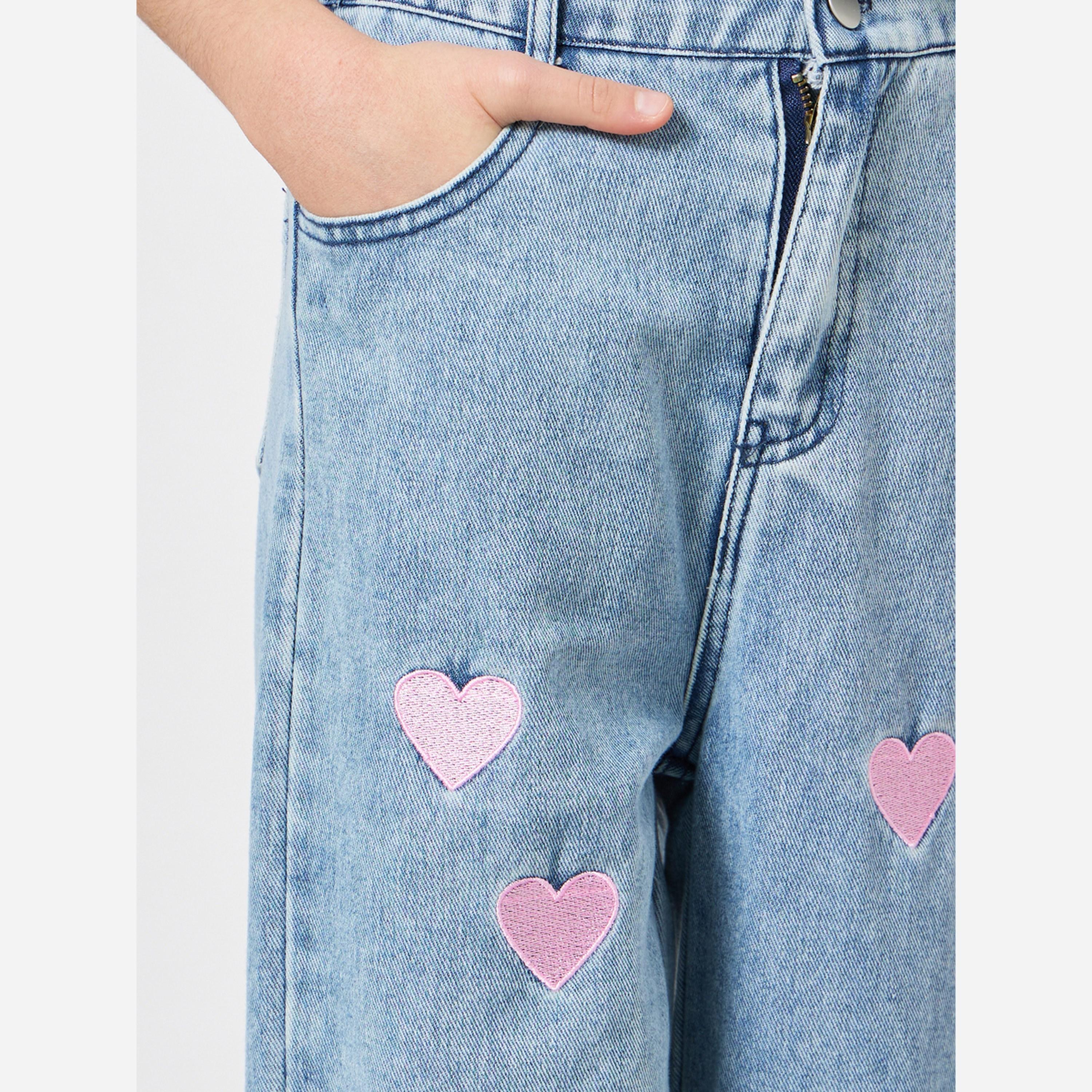 ستايلي - بنطال جينز واسع الساقين مطرز بقلب للبنات-girls-clothing-bottoms-jeansandjeggings-image-4