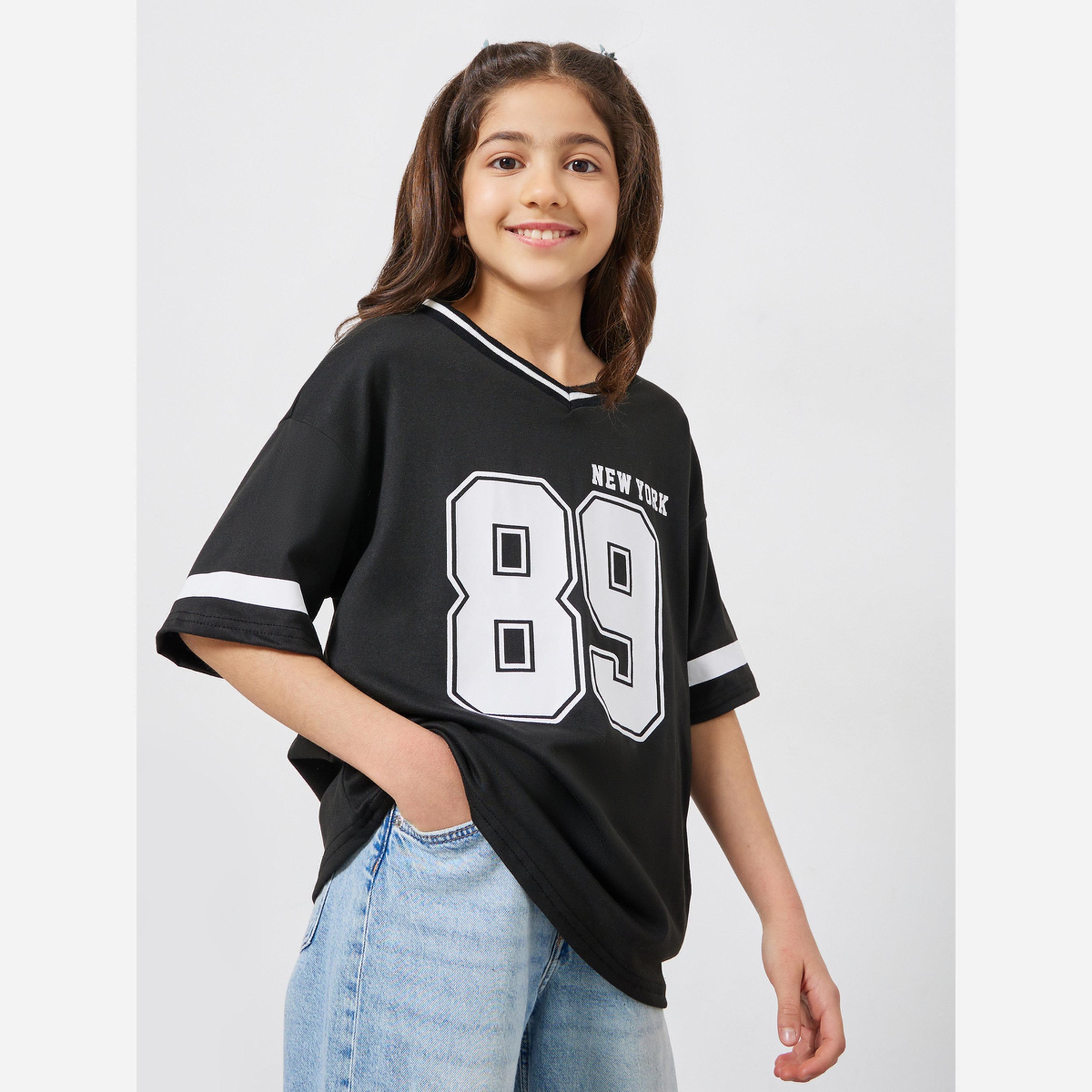 Styli Girls Black Varsity Oversized T-Shirt-girls-clothing-tshirts-image-1