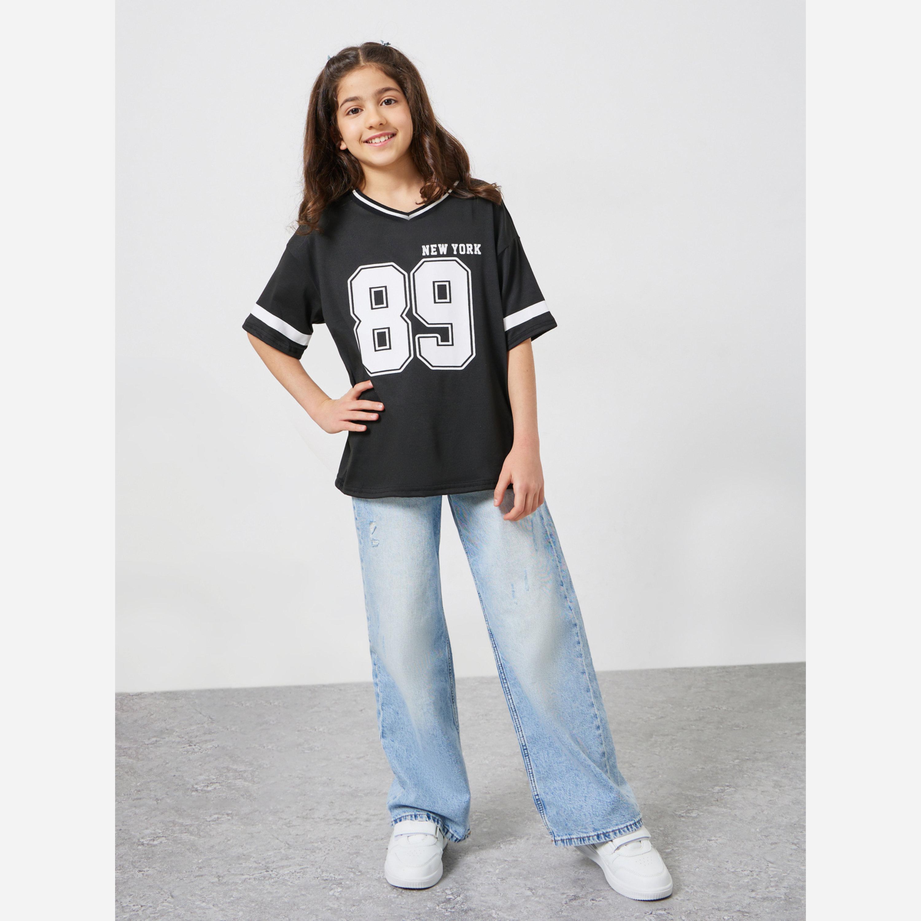 ستايلي - تيشيرت لون أسود مقاس واسع للبنات-girls-clothing-tshirts-image-2