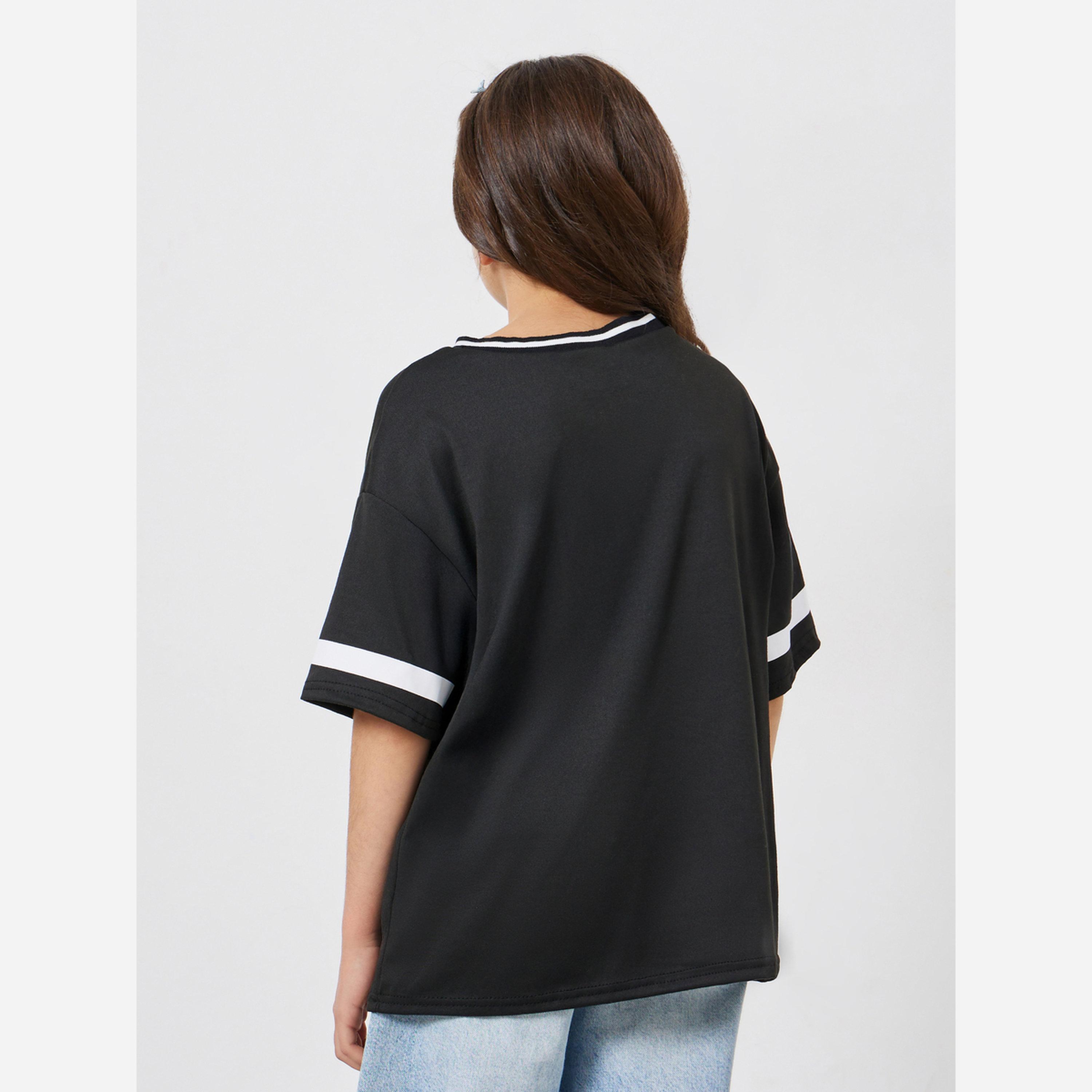 Styli Girls Black Varsity Oversized T-Shirt-girls-clothing-tshirts-image-5