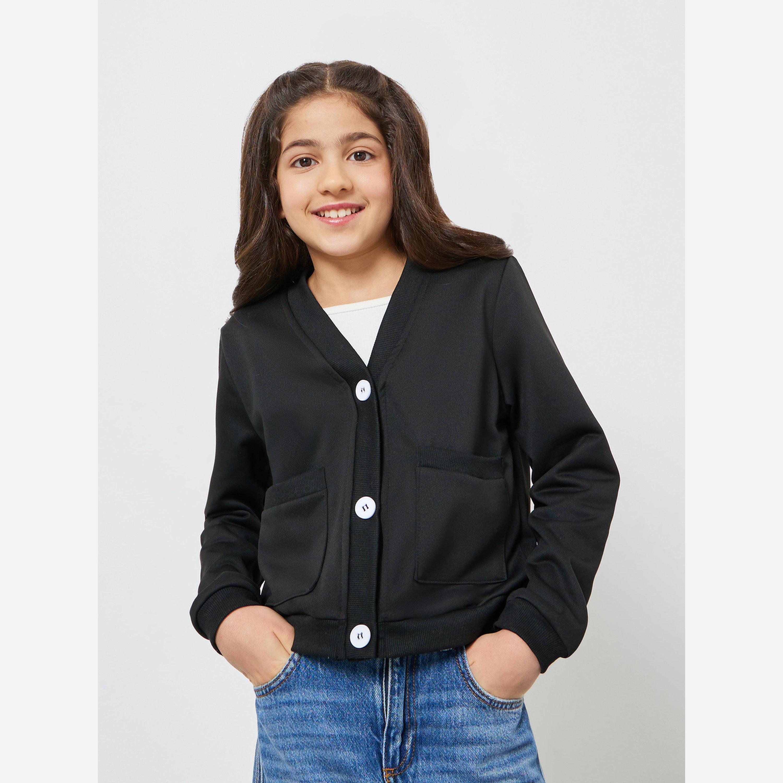 Styli Kids Black Knitted Button Jacket-girls-clothing-jacketsandcoats-image-1