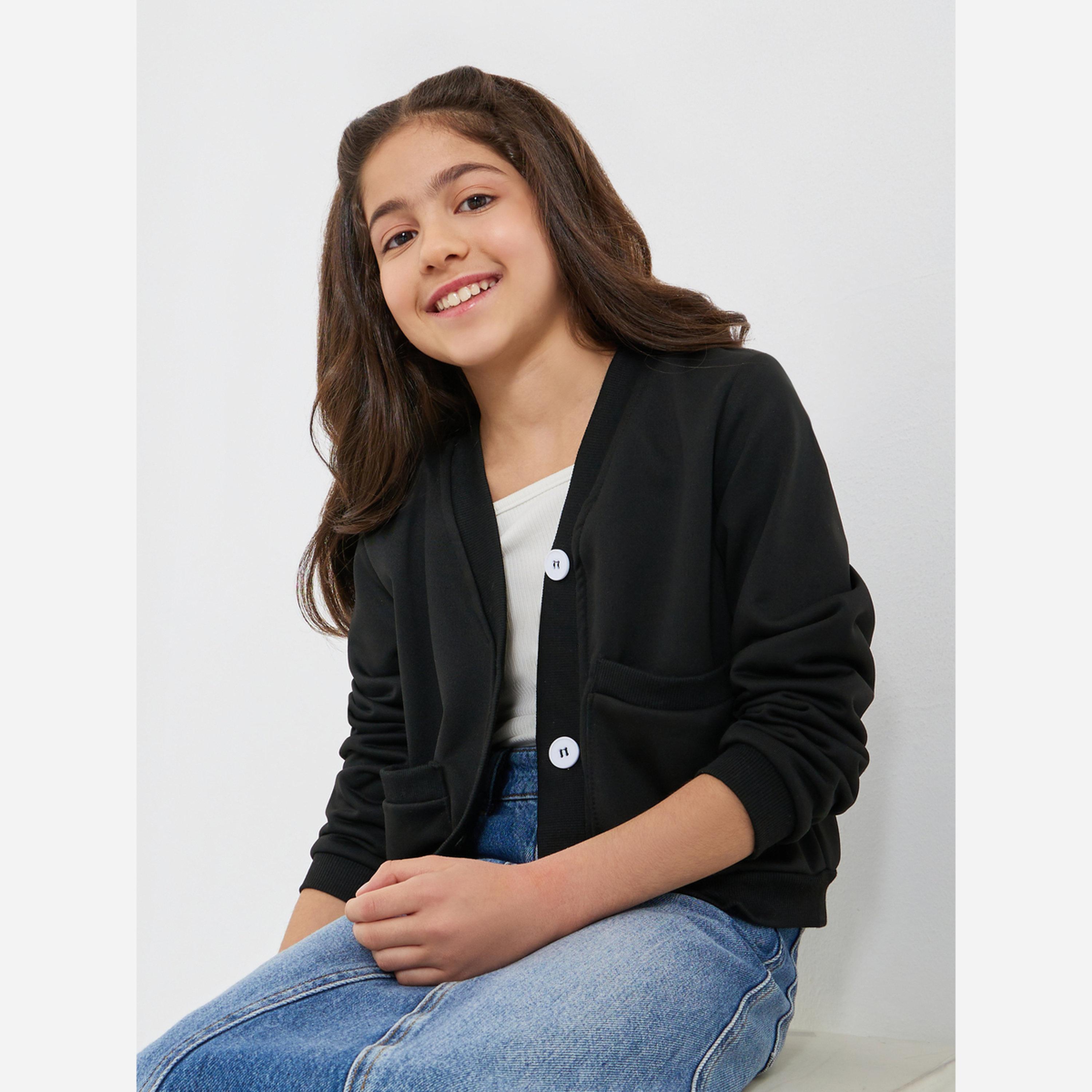 Styli Kids Black Knitted Button Jacket-girls-clothing-jacketsandcoats-image-3