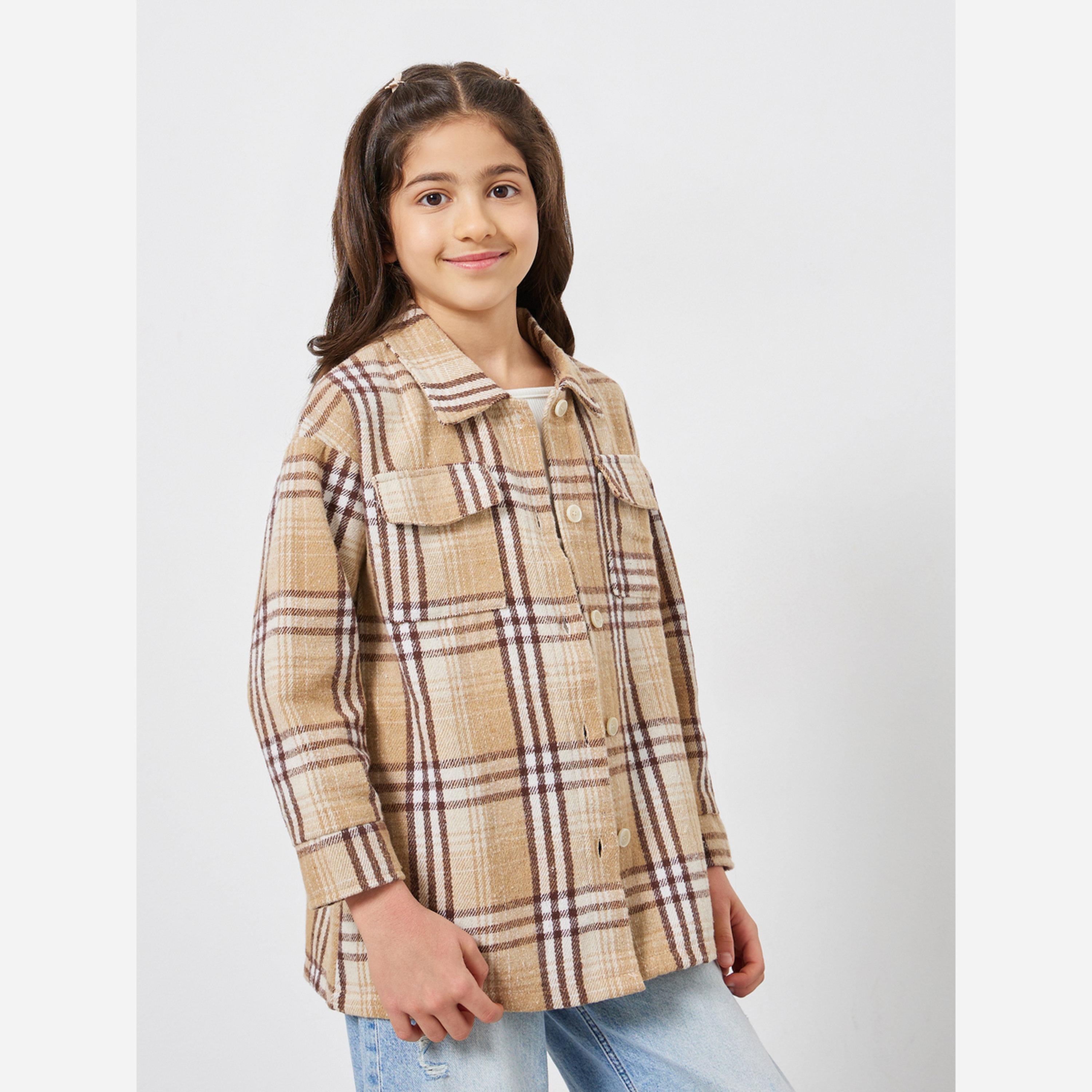 Styli Kids Khaki Plaid Buttoned Jackets-girls-clothing-jacketsandcoats-image-1