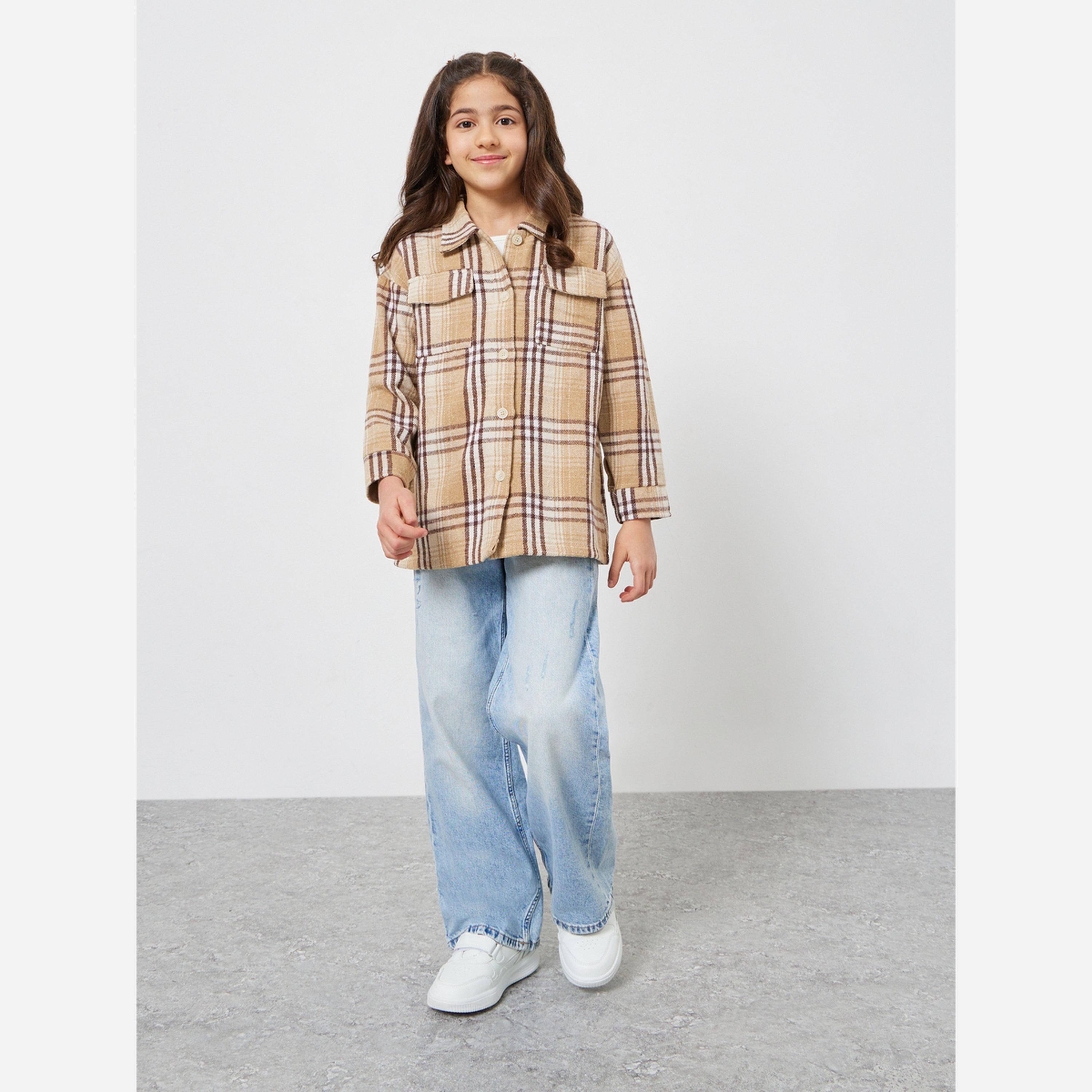 Styli Kids Khaki Plaid Buttoned Jackets-girls-clothing-jacketsandcoats-image-2