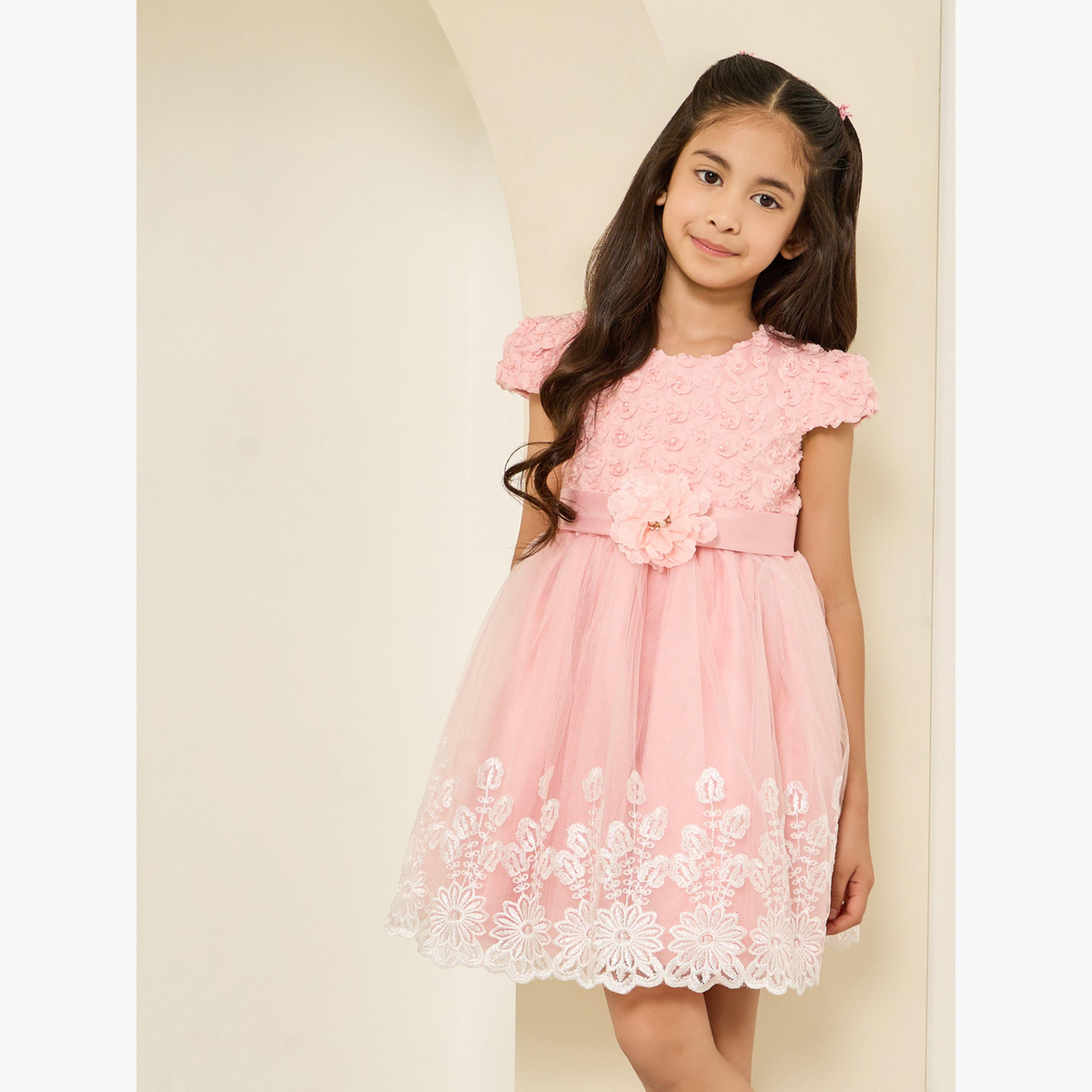 Styli Girls Pink Embellished Embroidered Mesh Dress-girls-clothing-dressesandjumpsuits-image-1