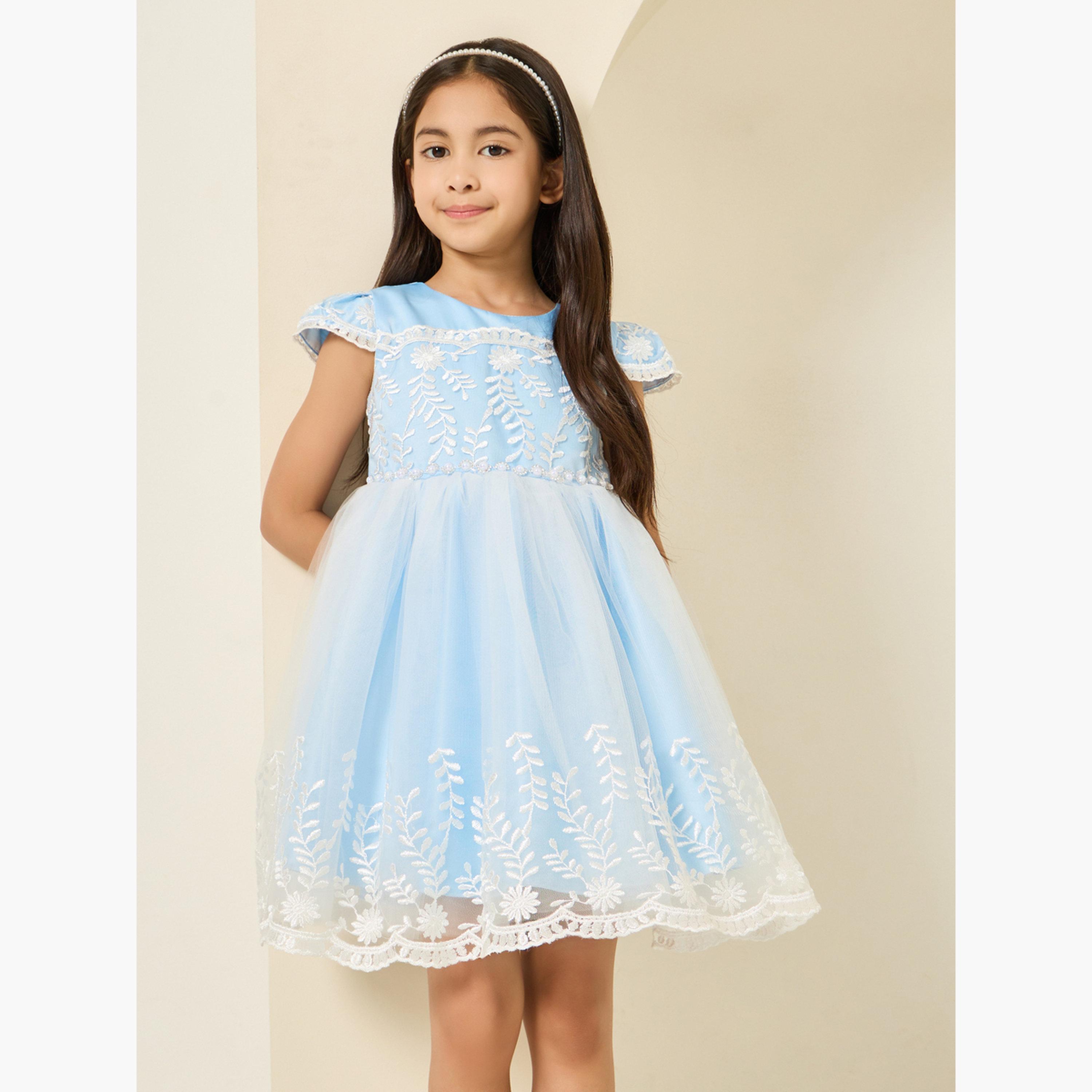 Styli Girls Light Blue Embroidered A-Line Dress-girls-clothing-dressesandjumpsuits-image-1