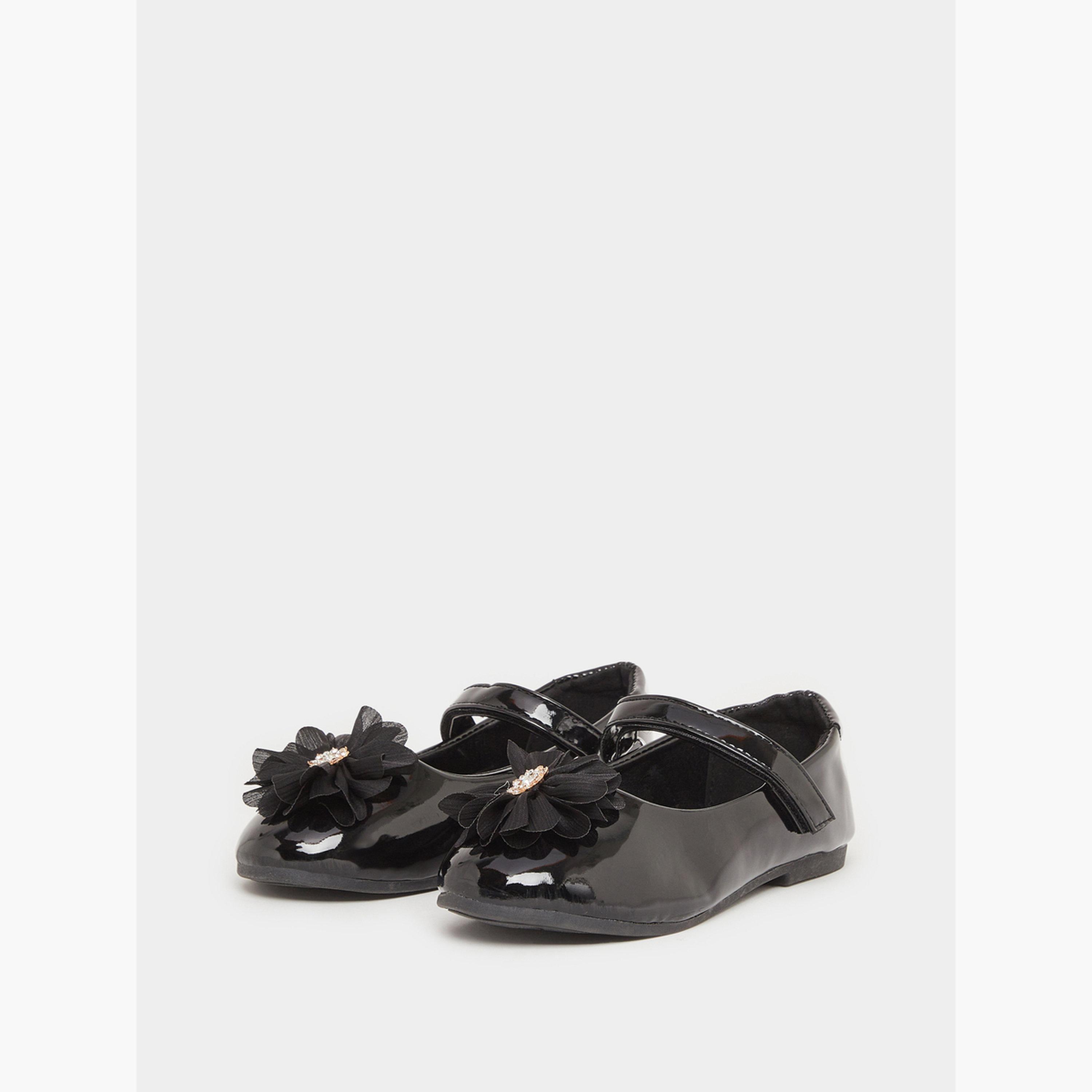 Styli Black Patent Ballerinas with Flower Detail-girls-shoes-ballerinas-image-1