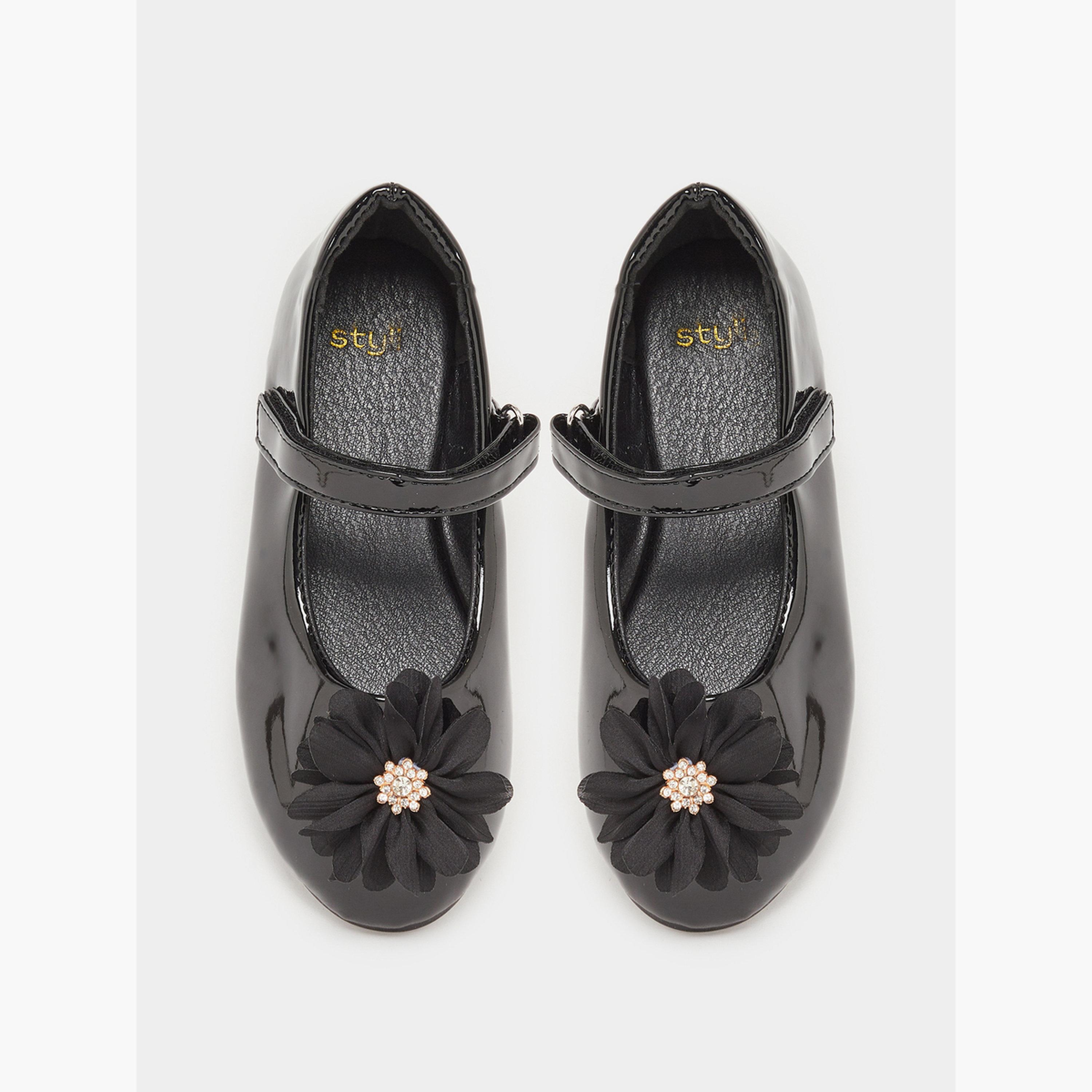 Styli Black Patent Ballerinas with Flower Detail-girls-shoes-ballerinas-image-6