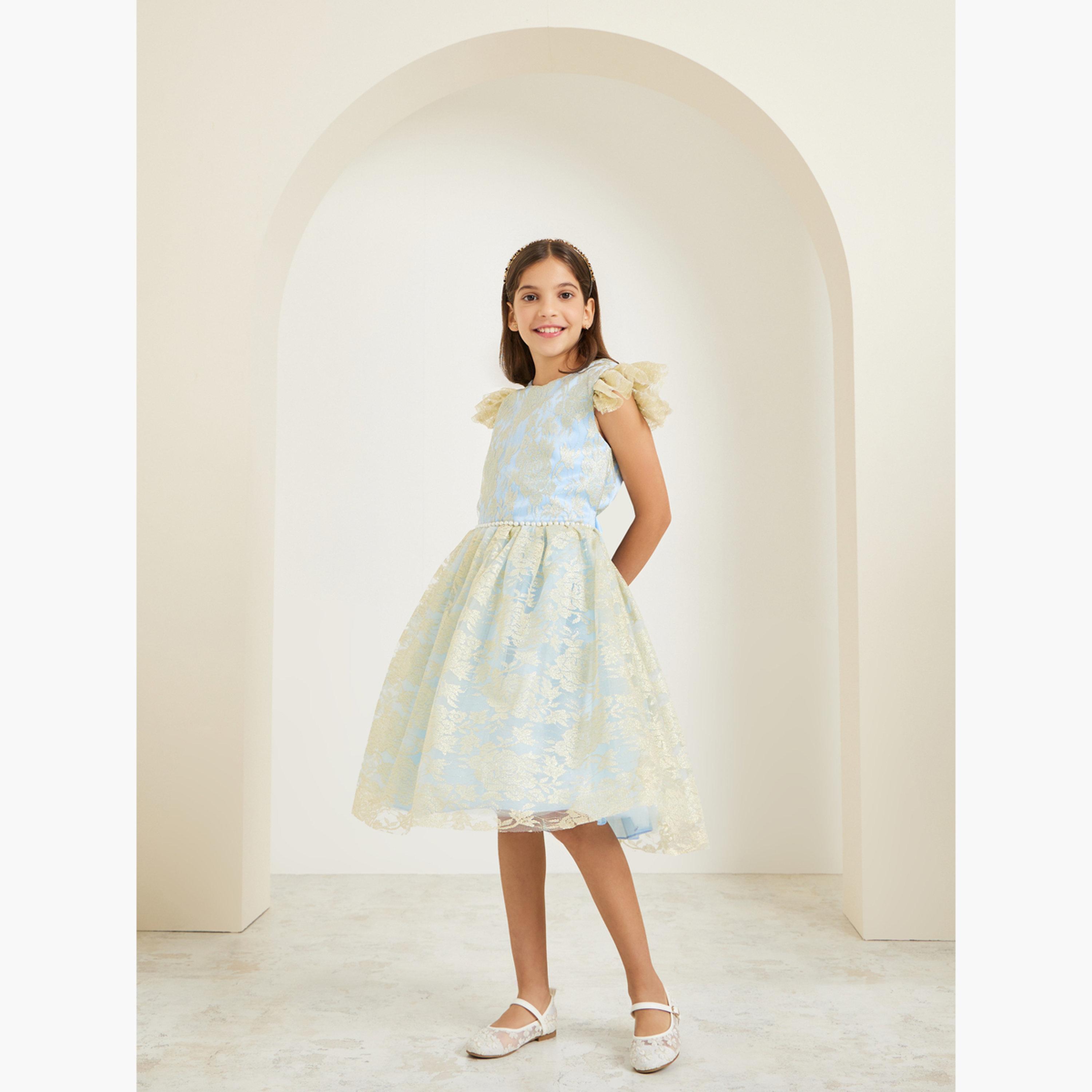 فستان بحافة واسعة وتفاصيل شبكية ونقشة زهور-girls-clothing-dressesandjumpsuits-image-2