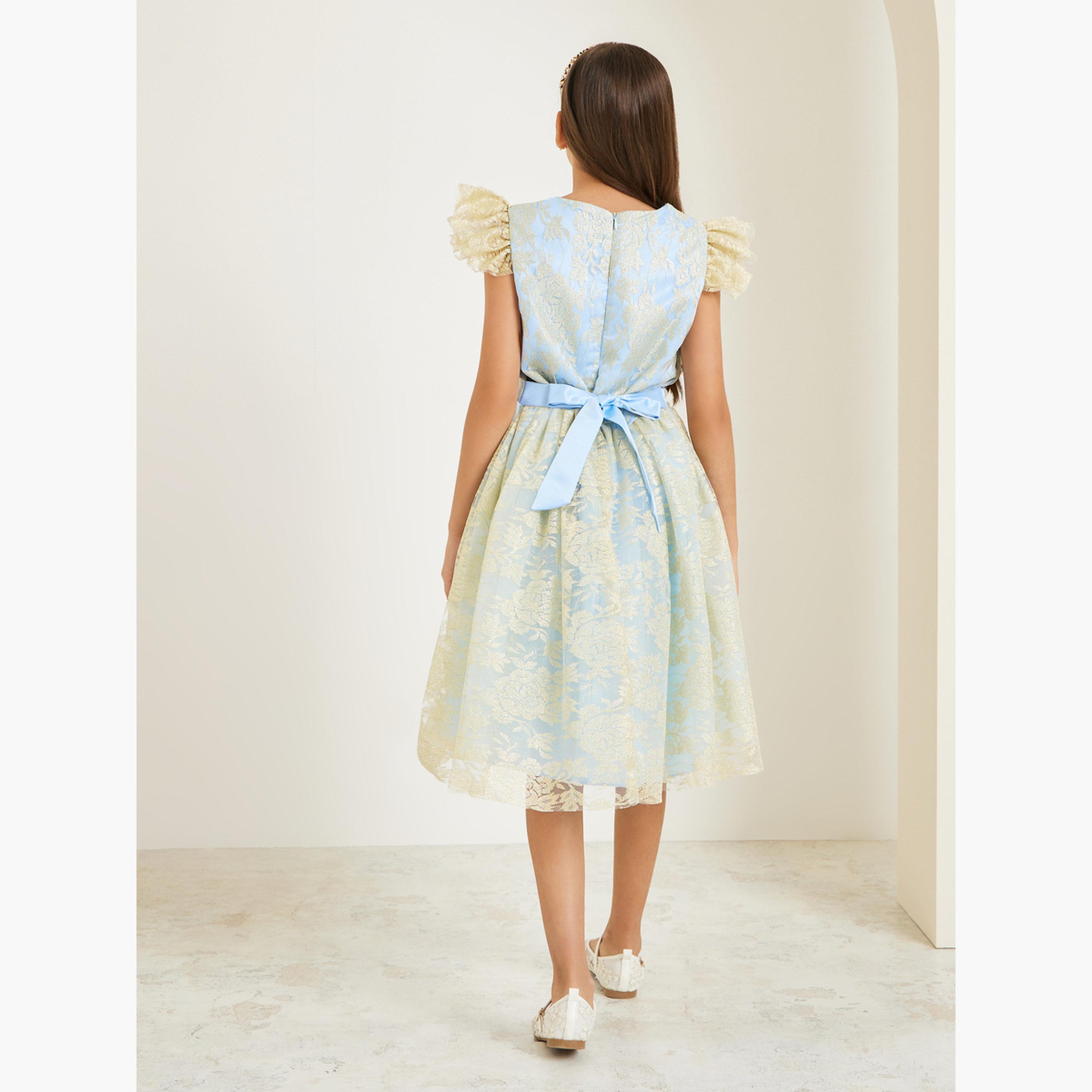 فستان بحافة واسعة وتفاصيل شبكية ونقشة زهور-girls-clothing-dressesandjumpsuits-image-3