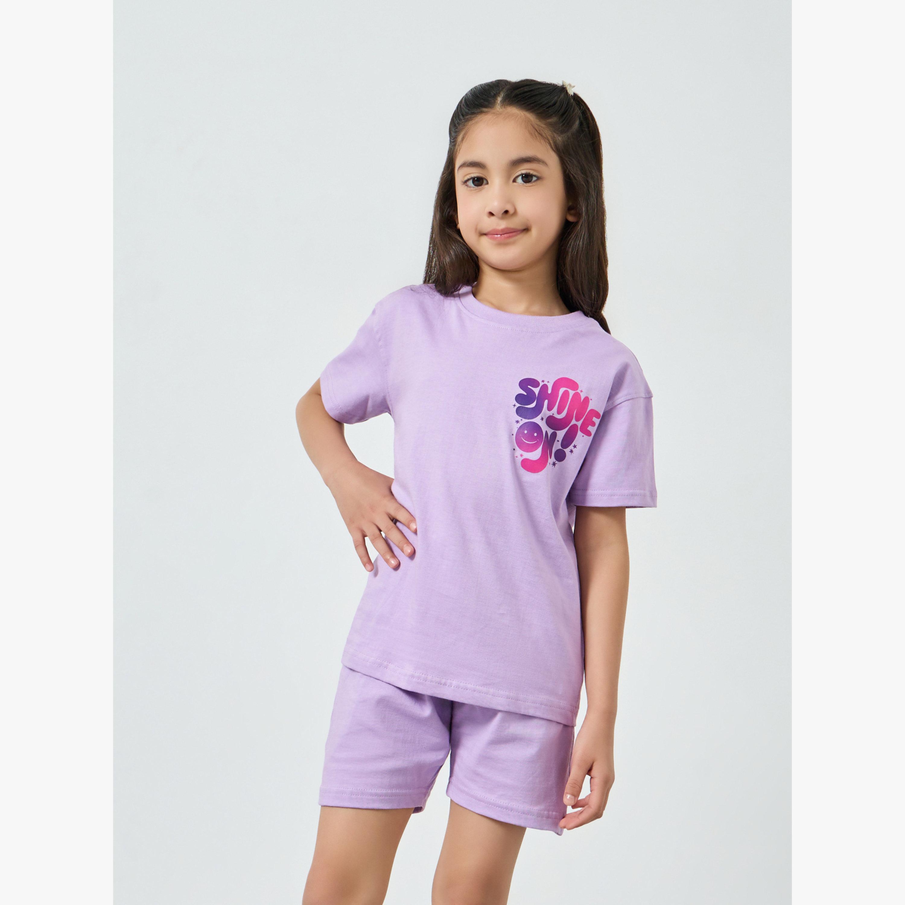 Styli Girls Lilac Graphic Print T-Shirt and Shorts Set-girls-clothing-setsandcoords-image-1