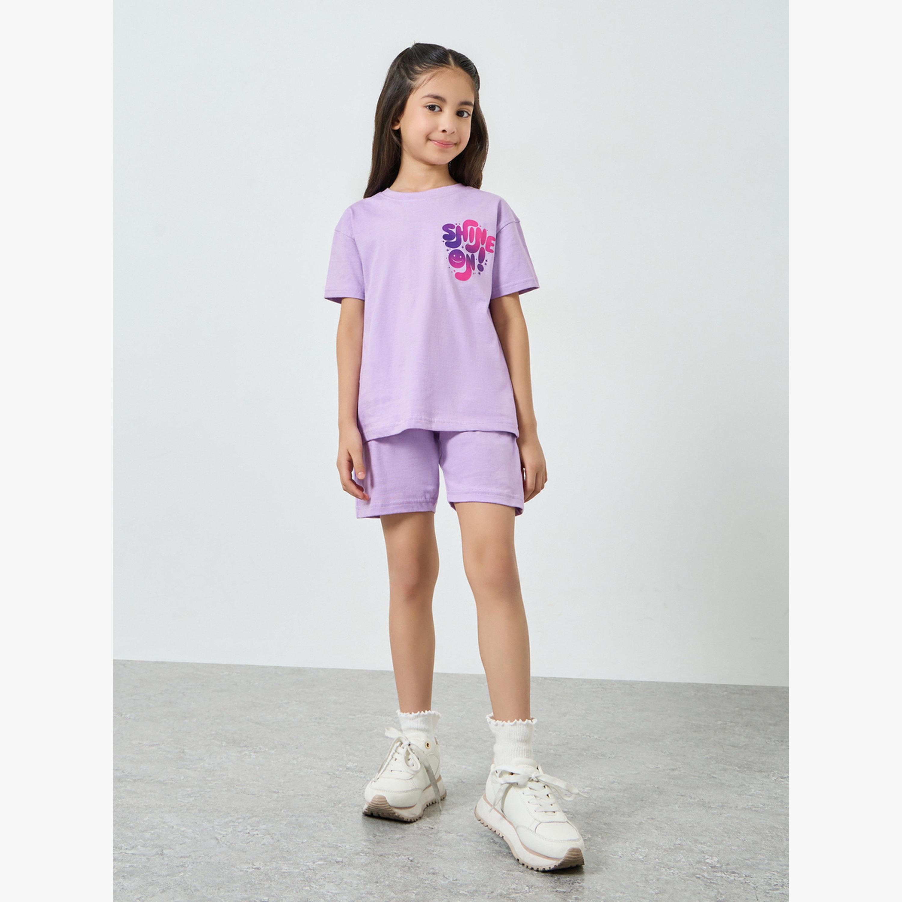 Styli Girls Lilac Graphic Print T-Shirt and Shorts Set-girls-clothing-setsandcoords-image-2