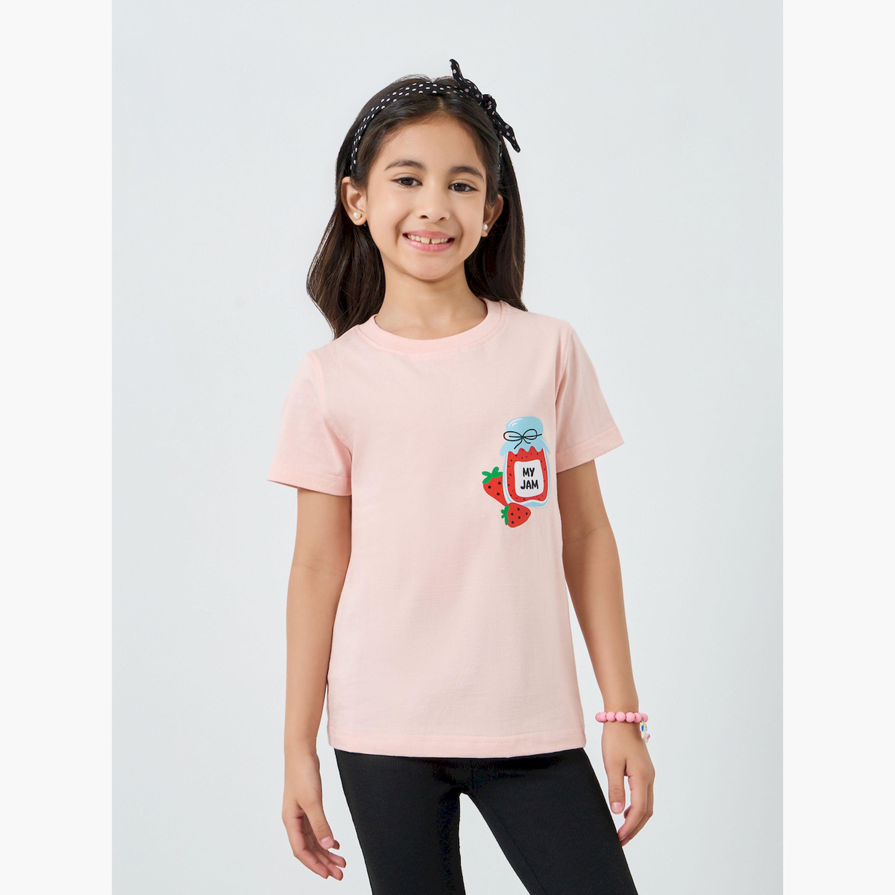 تيشيرت بناتي وردي قطني بطبعة جرافيك-girls-clothing-tshirts-image-1