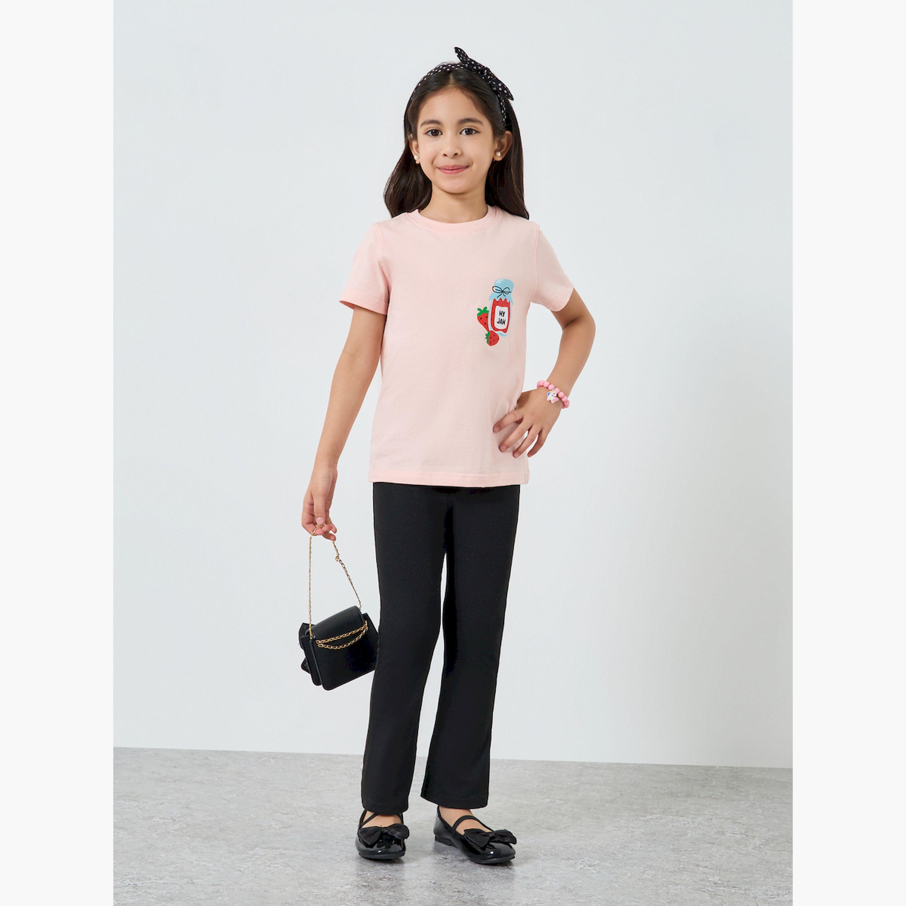 تيشيرت بناتي وردي قطني بطبعة جرافيك-girls-clothing-tshirts-image-2