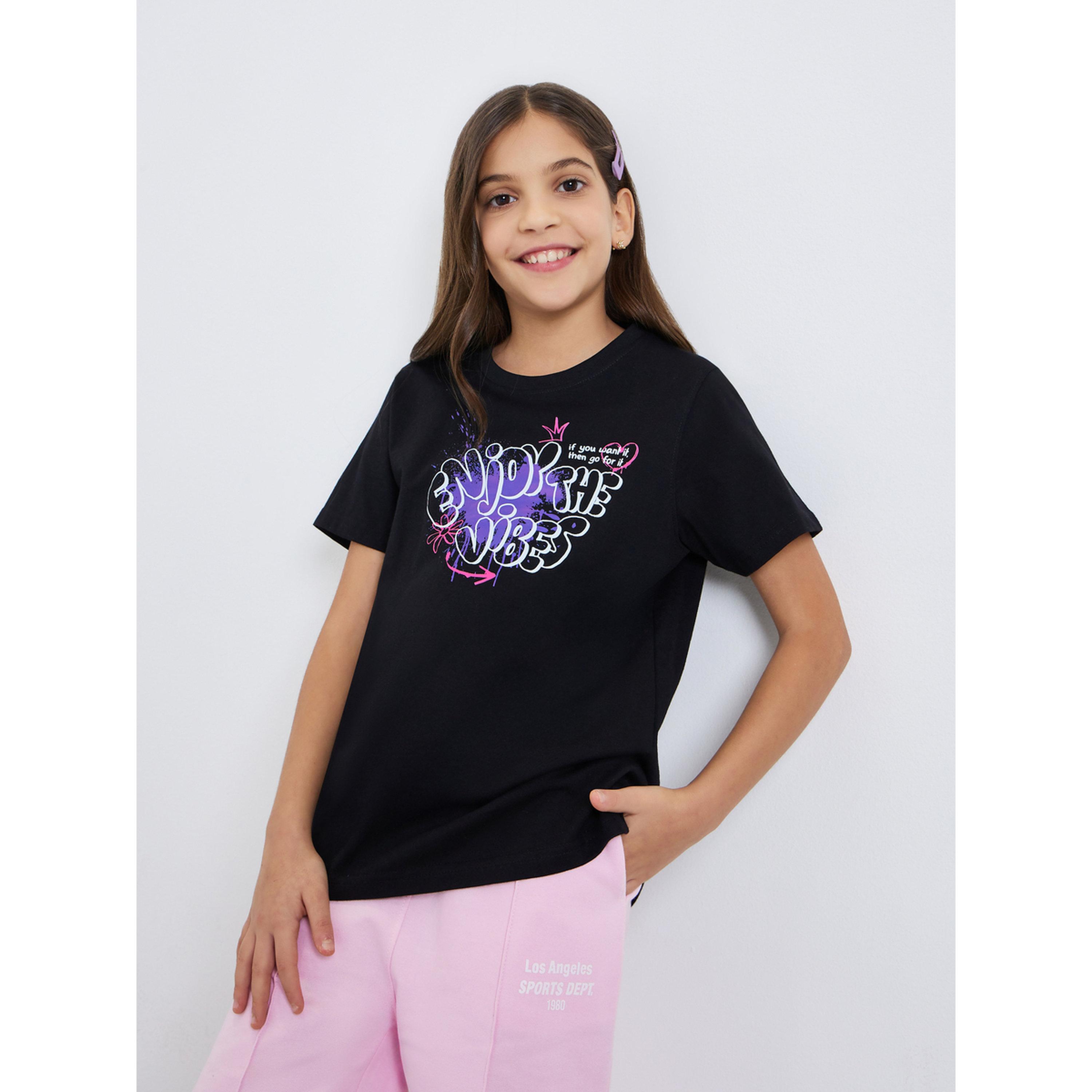 Styli Girls Black Graphic Print T-Shirt-girls-clothing-tshirts-image-1