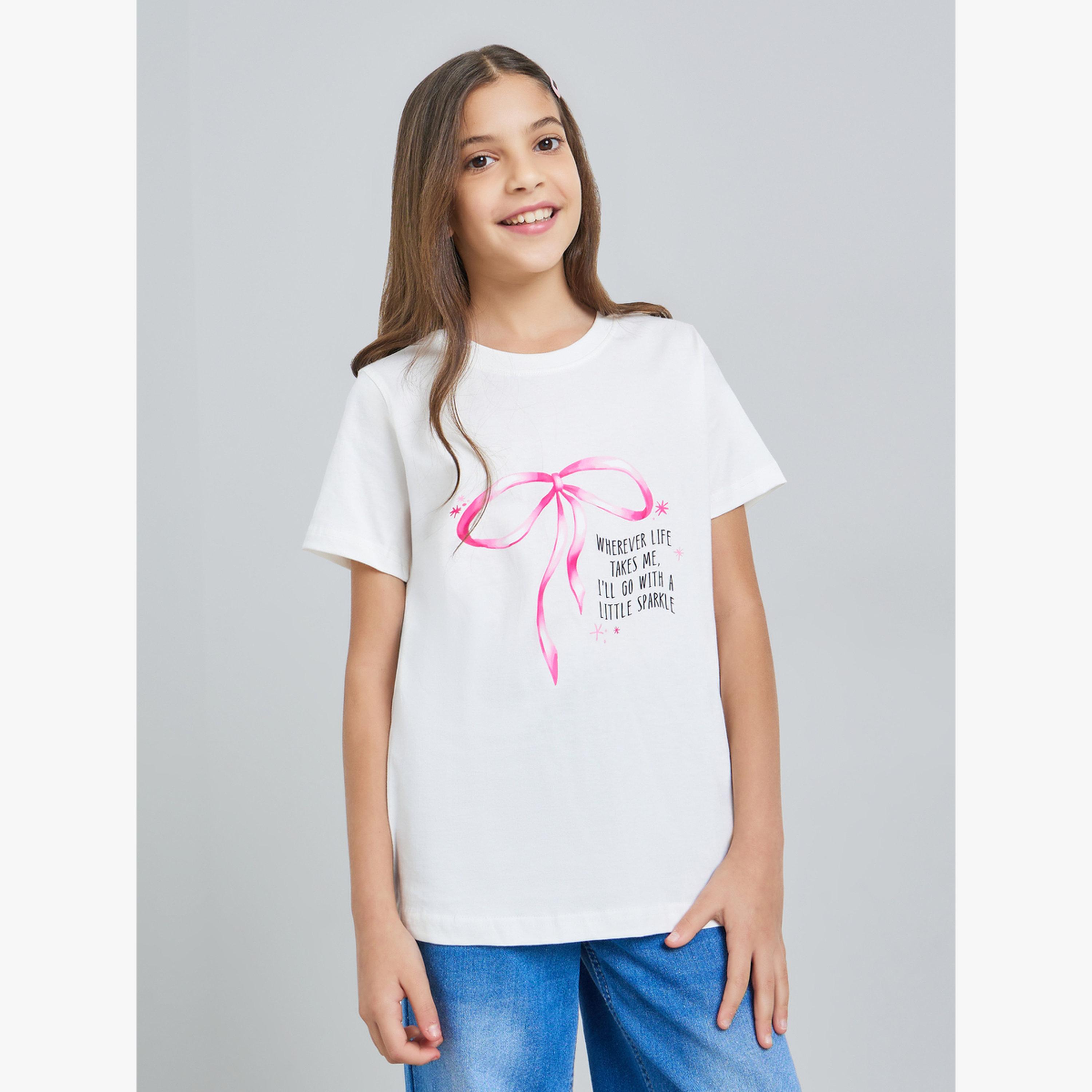 Styli Girls Off White Cotton Graphic Print T-Shirt-girls-clothing-tshirts-image-1