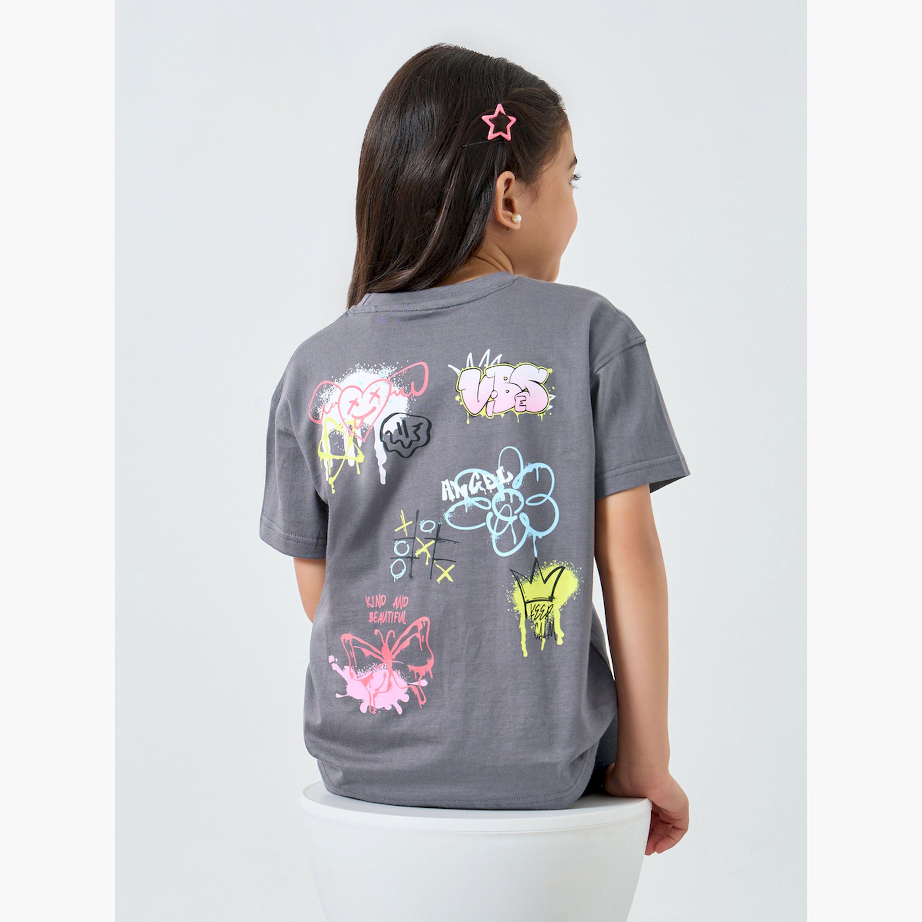 Styli Girls Grey Graphic Print Oversized Cotton T-Shirt-girls-clothing-tshirts-image-3