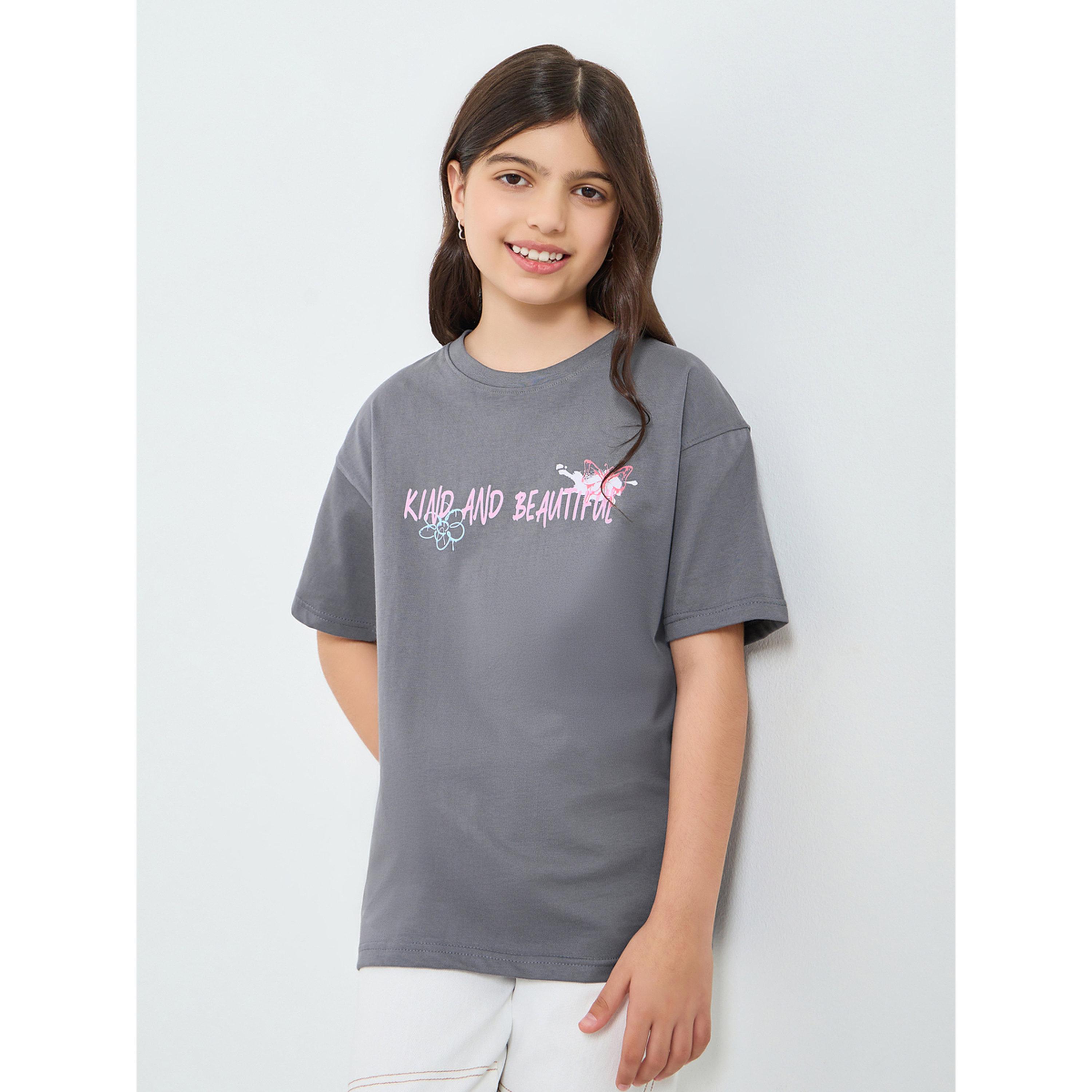 Styli Girls Grey Graphic Print Cotton T-Shirt-girls-clothing-tshirts-image-1
