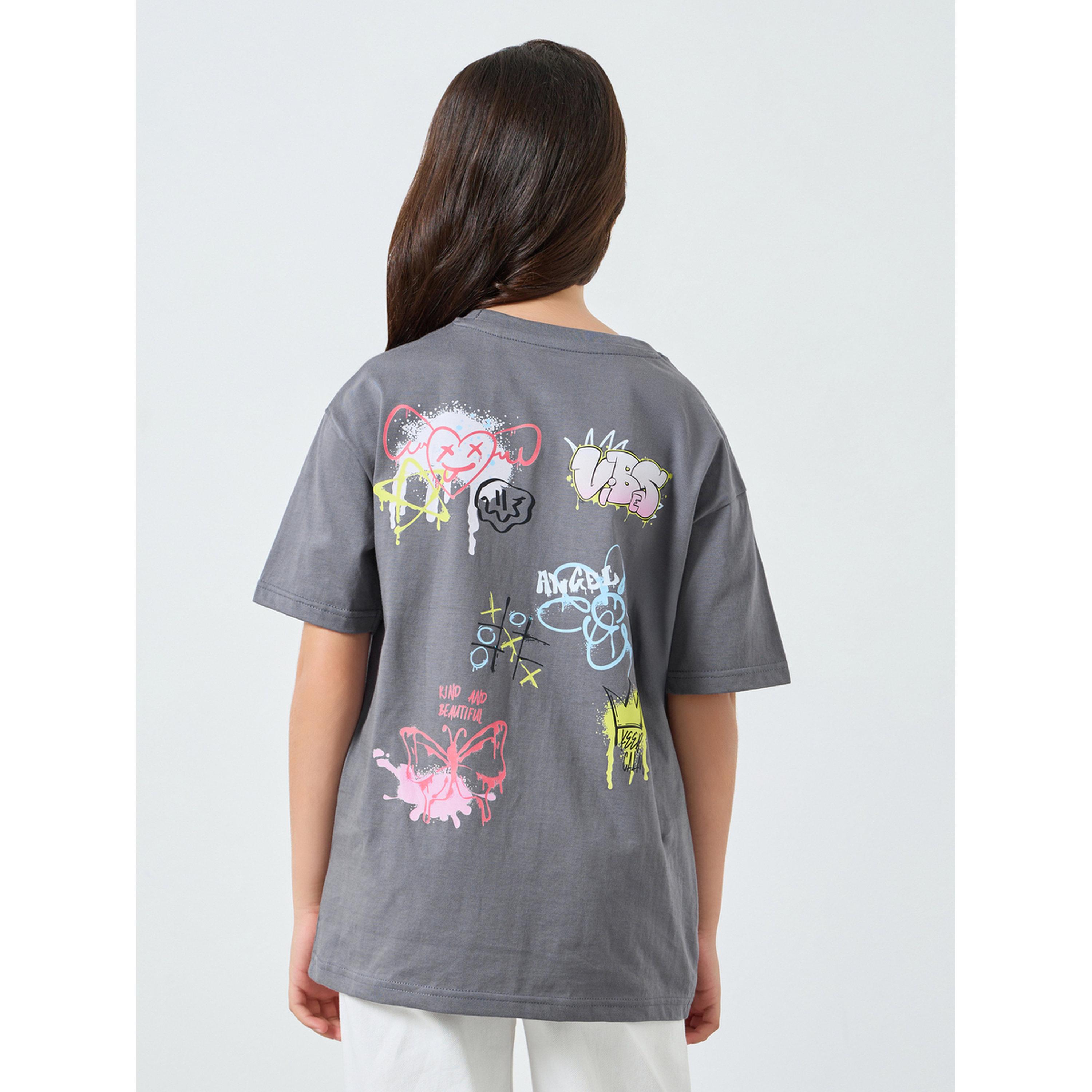 Styli Girls Grey Graphic Print Cotton T-Shirt-girls-clothing-tshirts-image-5