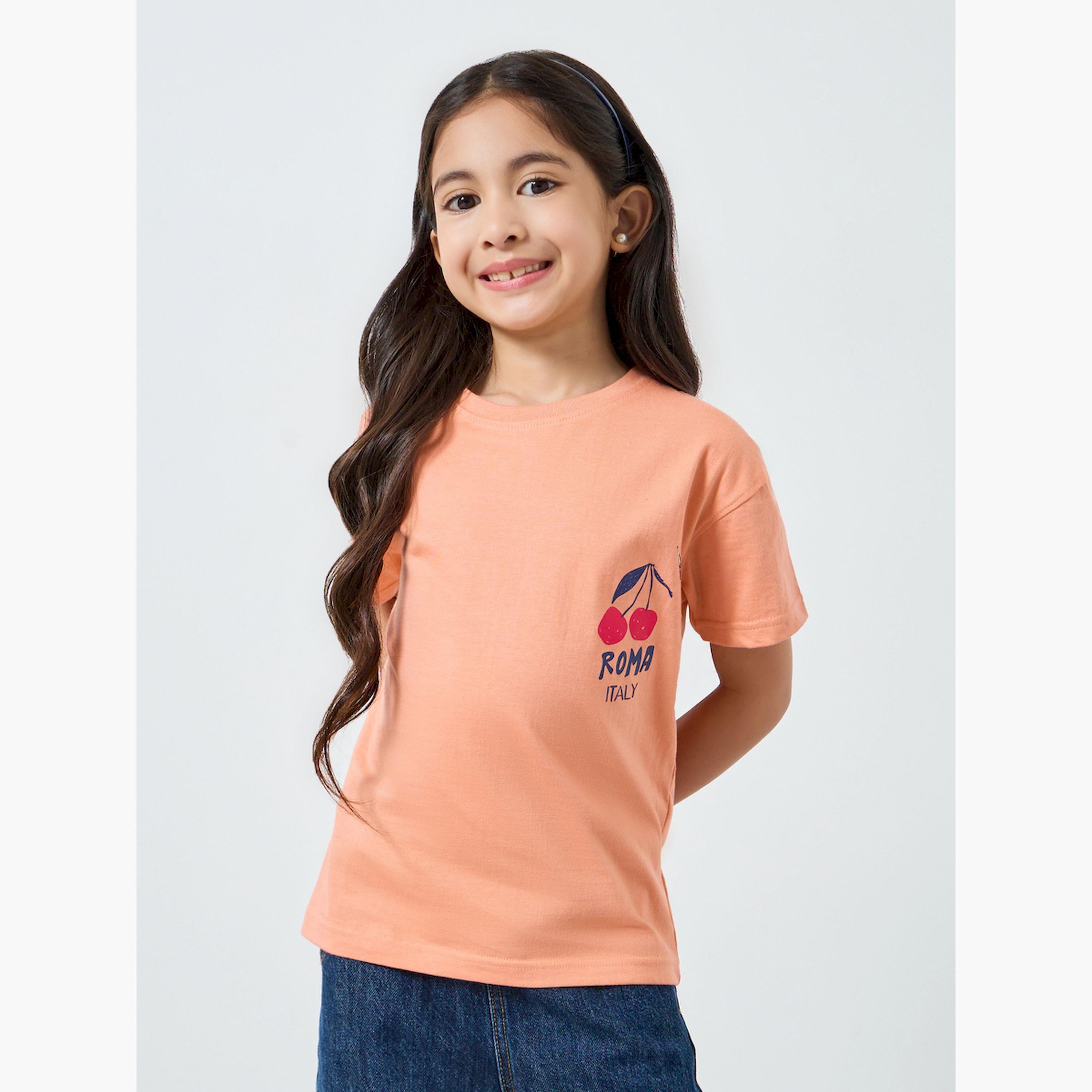 تيشيرت بناتي خوخي قطني بطبعة كرز-girls-clothing-tshirts-image-1