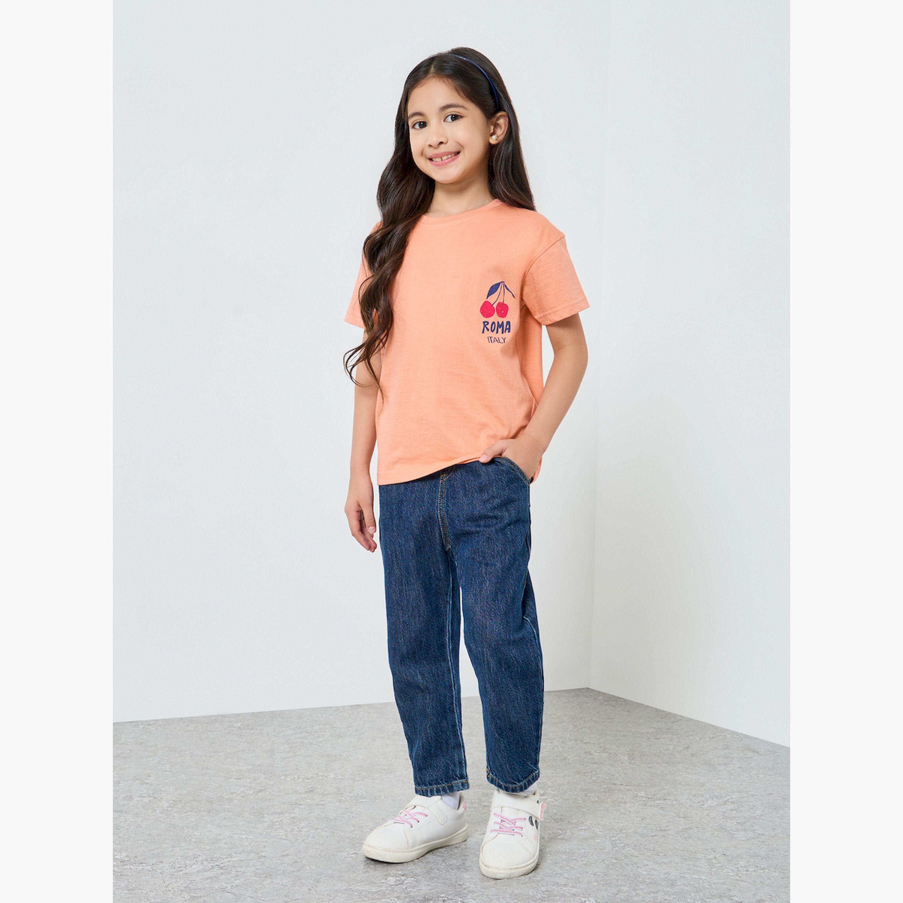 تيشيرت بناتي خوخي قطني بطبعة كرز-girls-clothing-tshirts-image-2