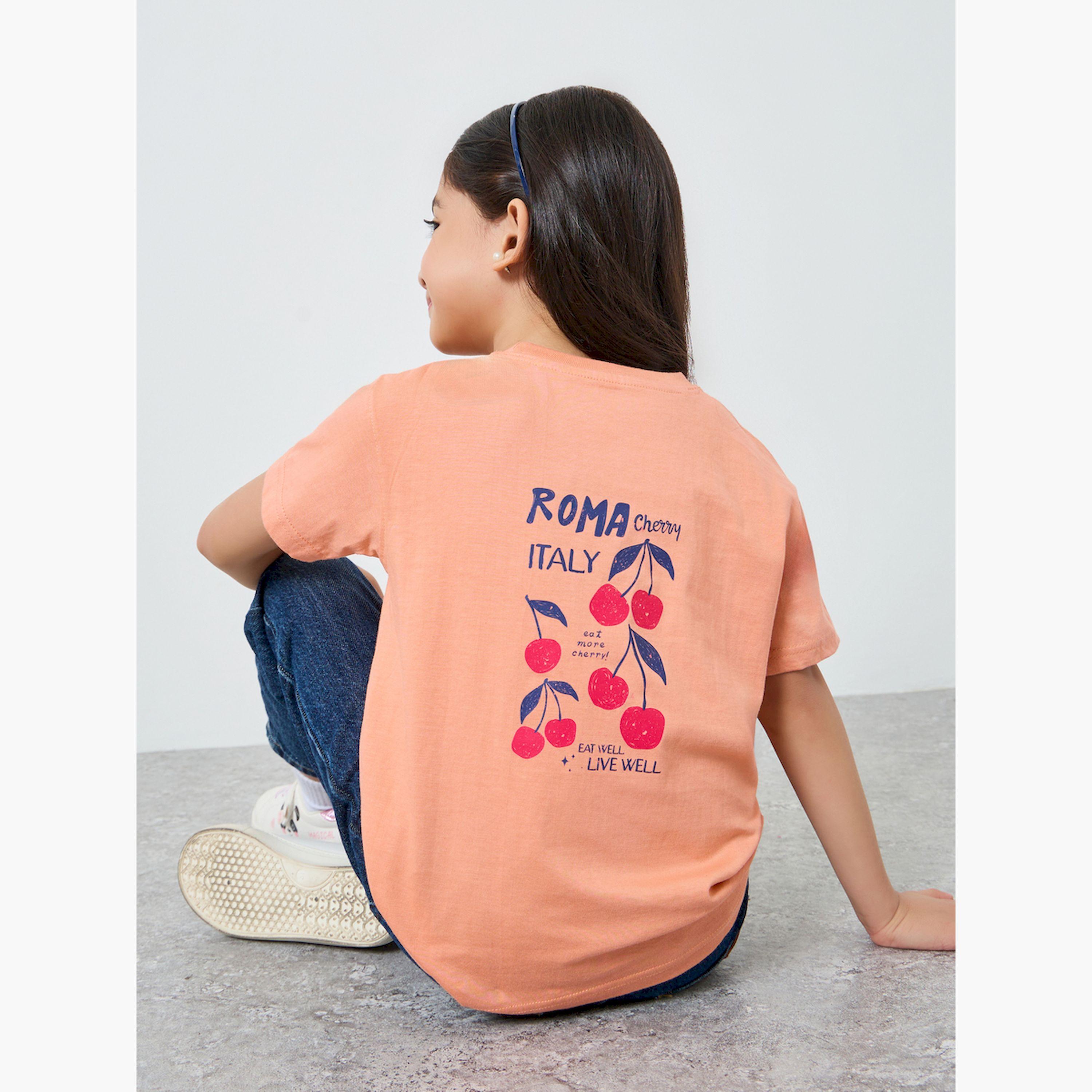 Styli Girls Peach Cherry Graphic Cotton T-Shirt-girls-clothing-tshirts-image-3