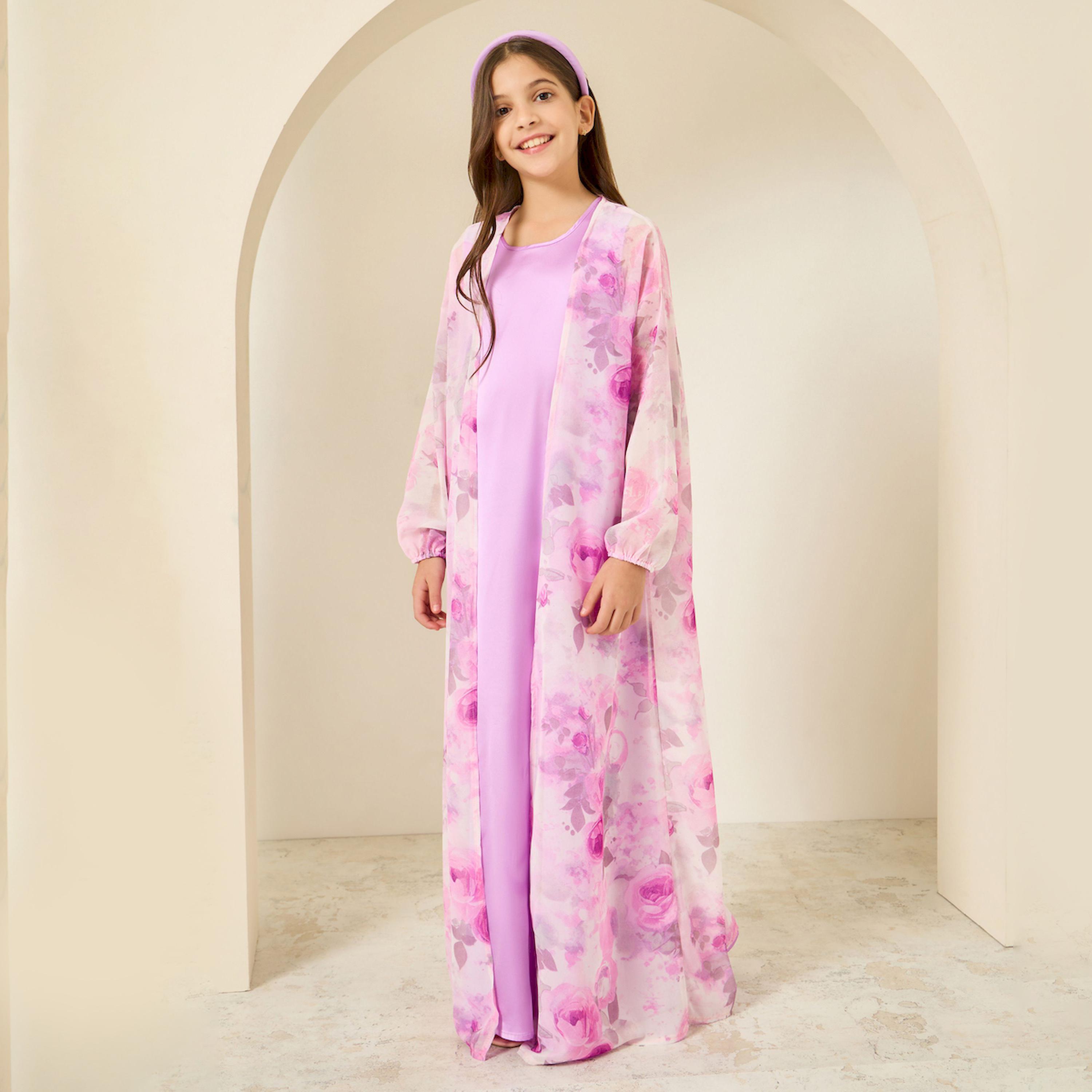 Styli Girls Lilac Printed Abaya with Inner Dress-girls-clothing-dressesandjumpsuits-image-1
