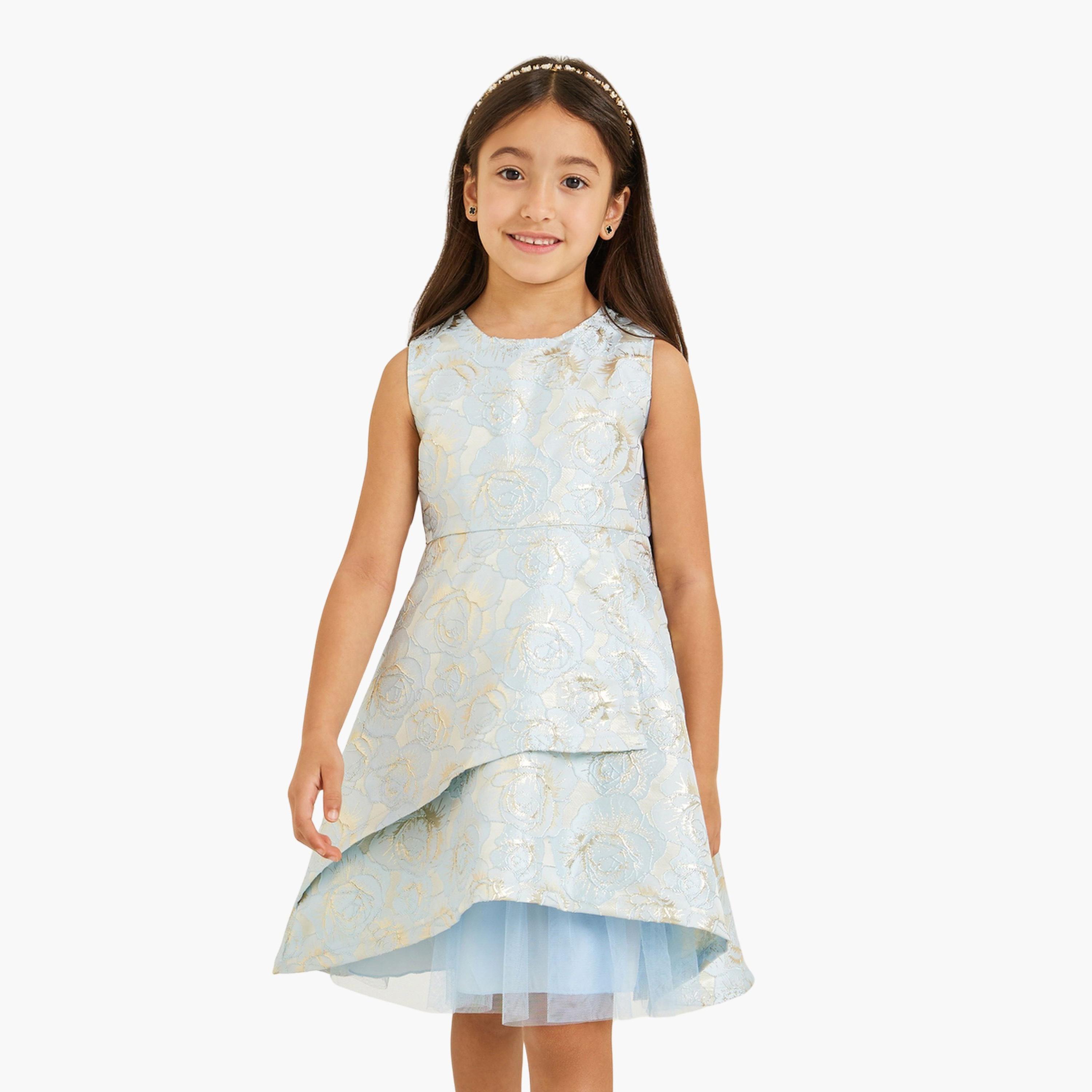 فستان بلا أكمام من جاكار الأزهار-girls-clothing-dressesandjumpsuits-image-1