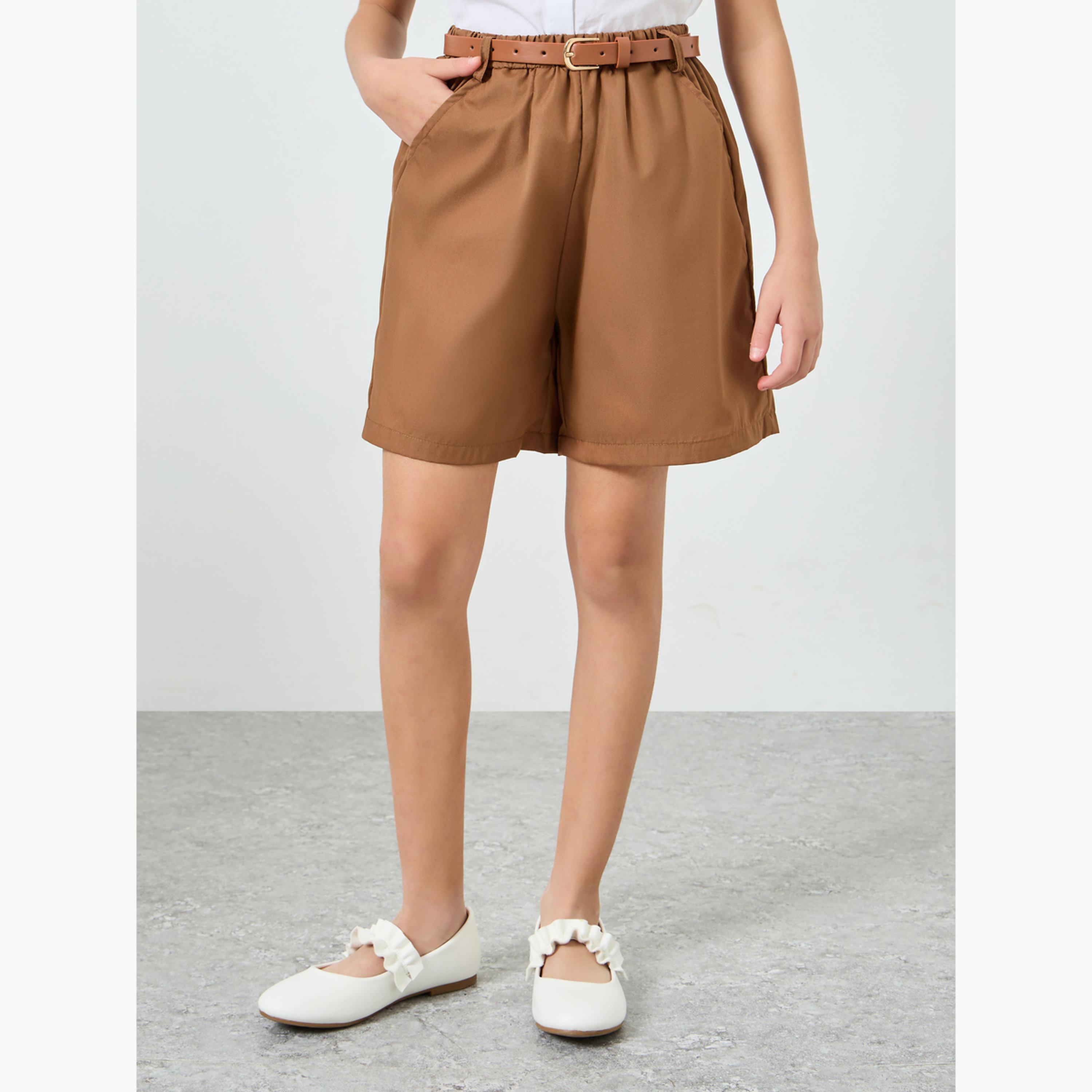Styli Girls Brown Woven Shorts with Belt-girls-clothing-bottoms-shorts-image-1