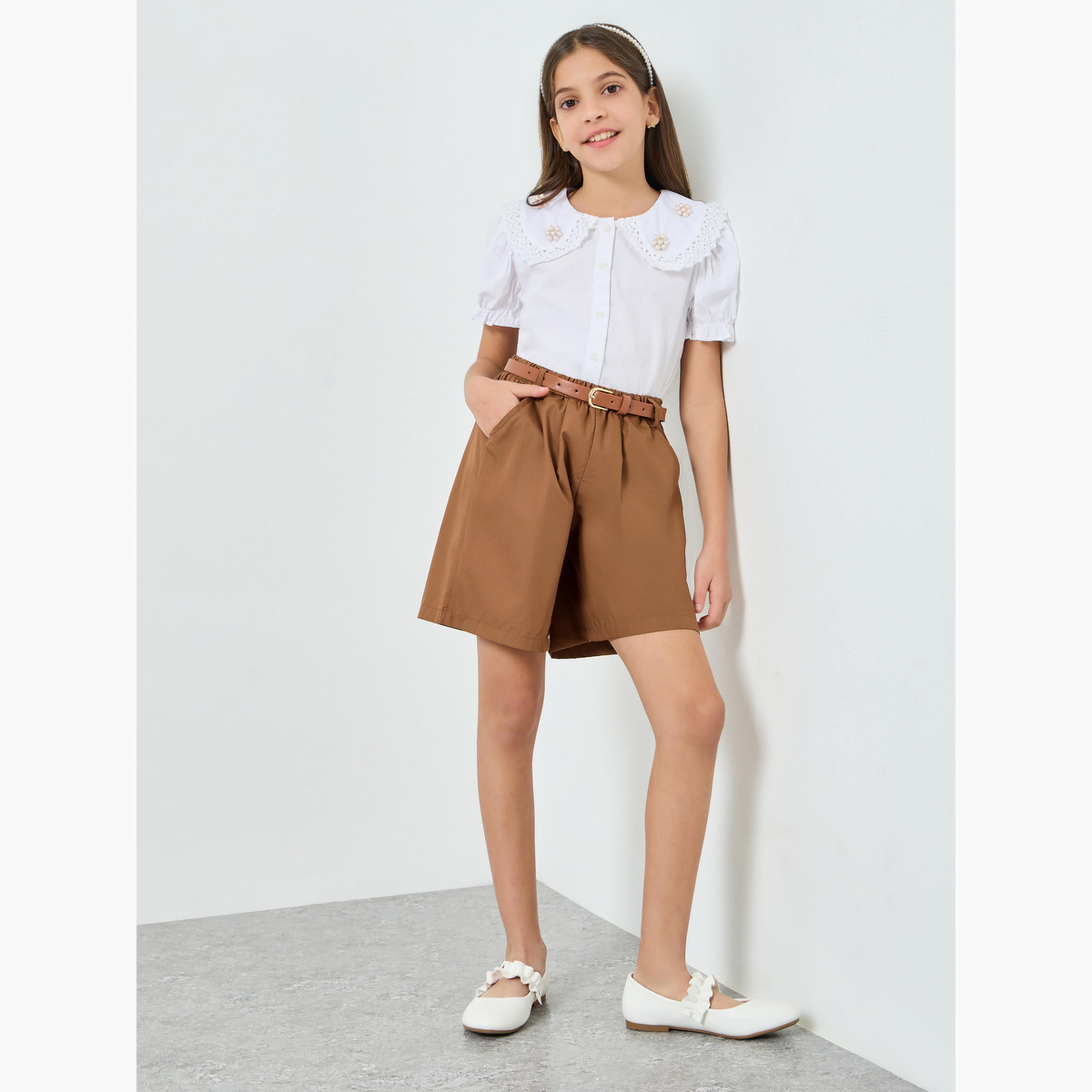 Styli Girls Brown Woven Shorts with Belt-girls-clothing-bottoms-shorts-image-2