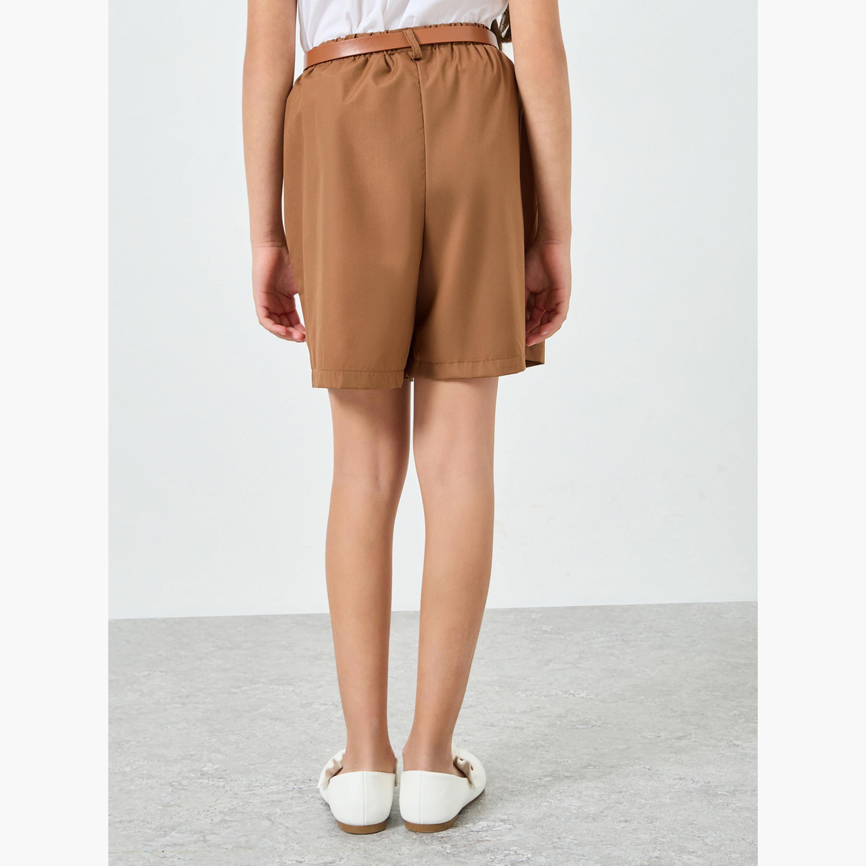 Styli Girls Brown Woven Shorts with Belt-girls-clothing-bottoms-shorts-image-3