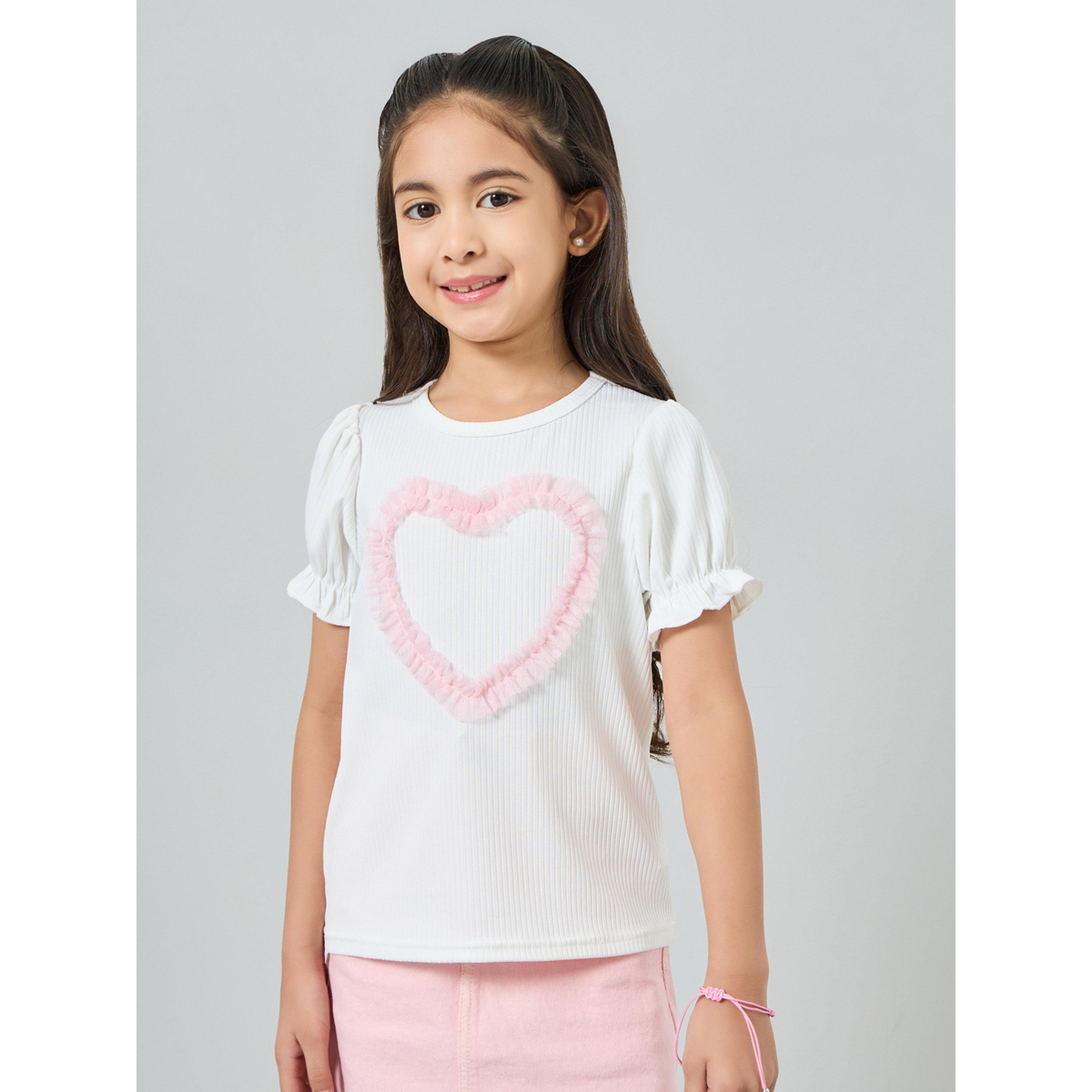 Styli Girls White Puff Sleeve T-Shirt with Pink Heart Detail-girls-clothing-tshirts-image-1